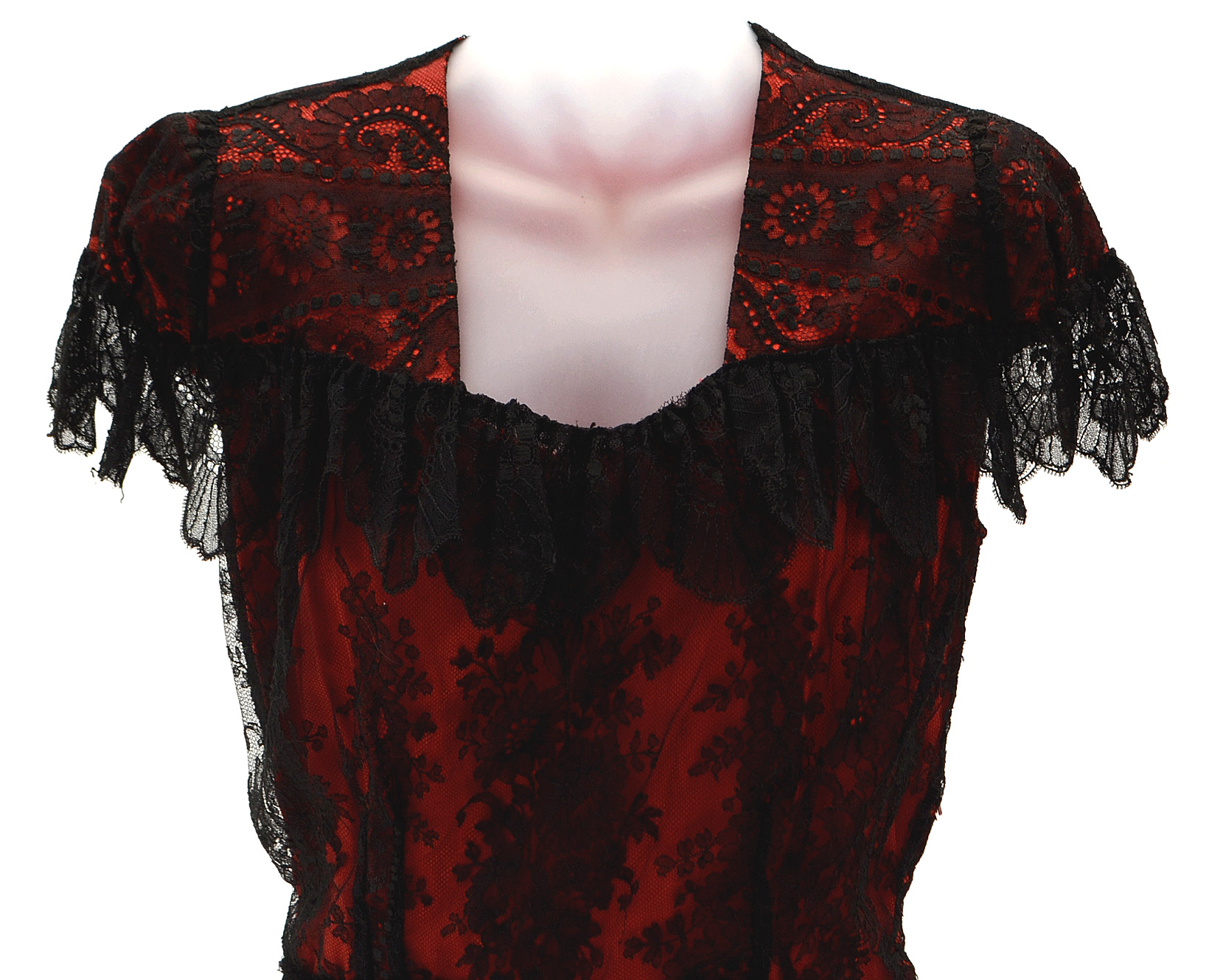 Circa 1930s Black and Red Lace Gown