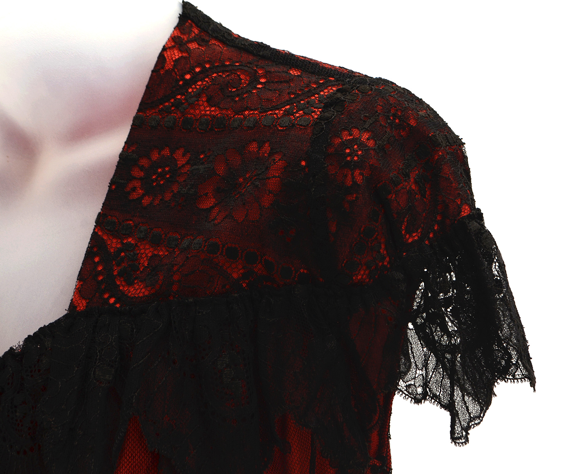Circa 1930s Black and Red Lace Gown