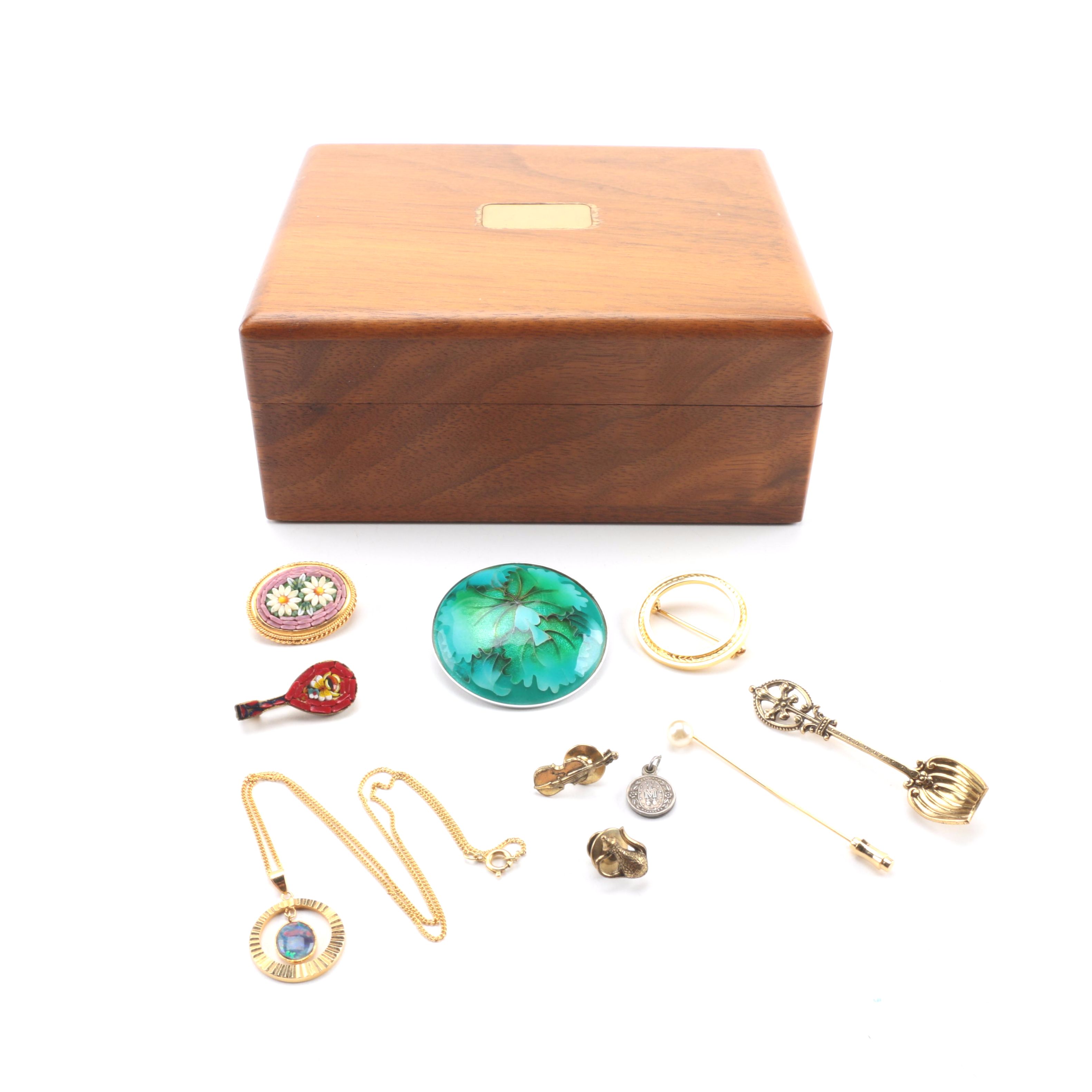 Wooden Jewelry Box With Assorted Costume Jewelry