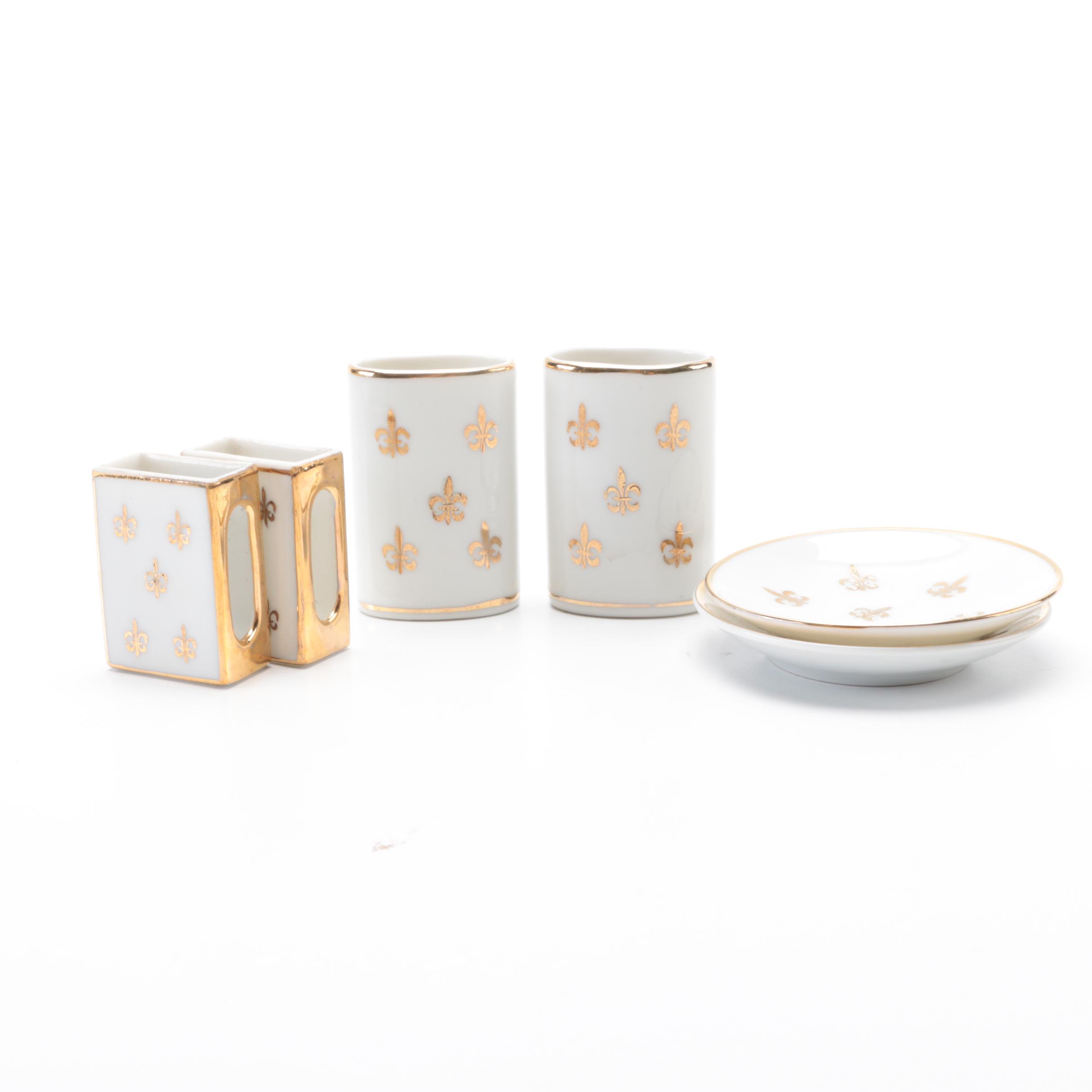 Gold and Ivory Toned Fleur De Lis Smoking Sets