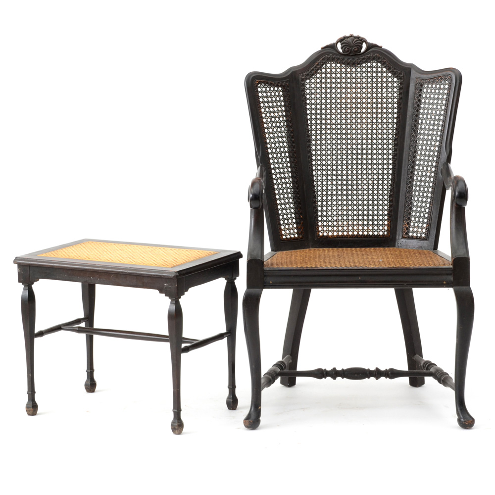 Vintage Caned Armchair with Footstool