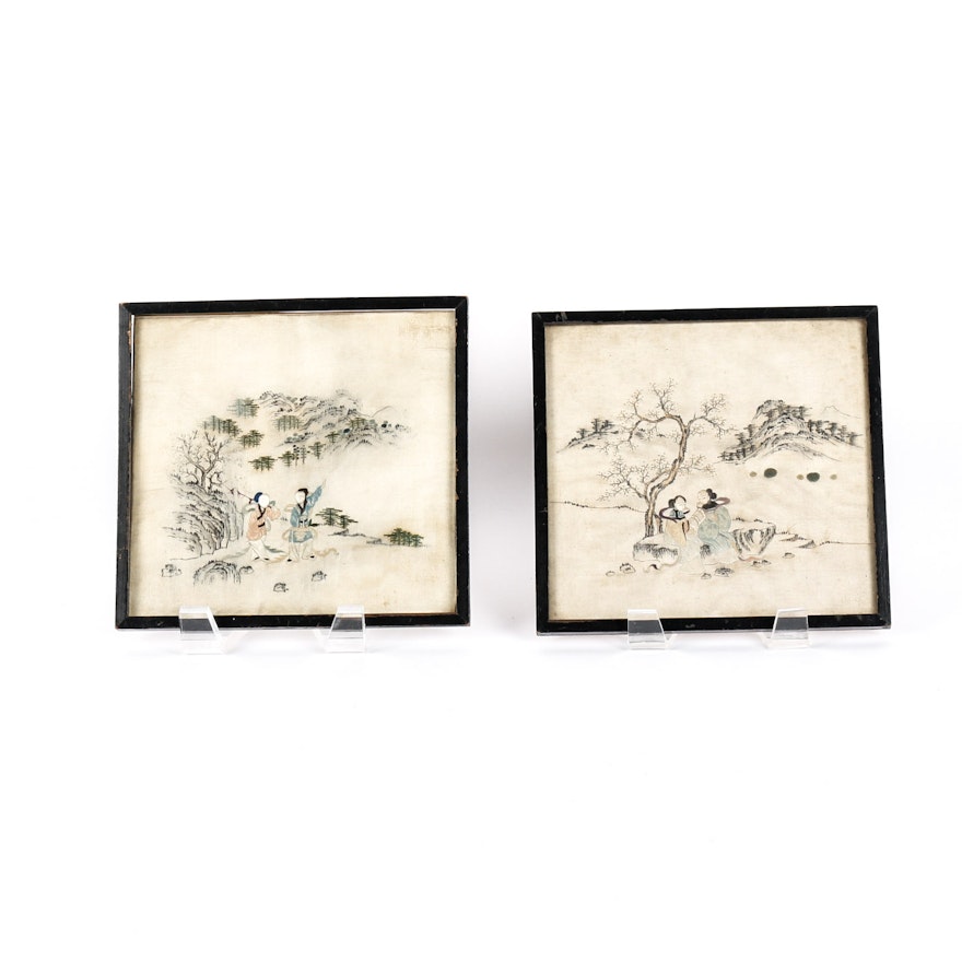 Pair of Antique Framed Chinese Silk Embroideries