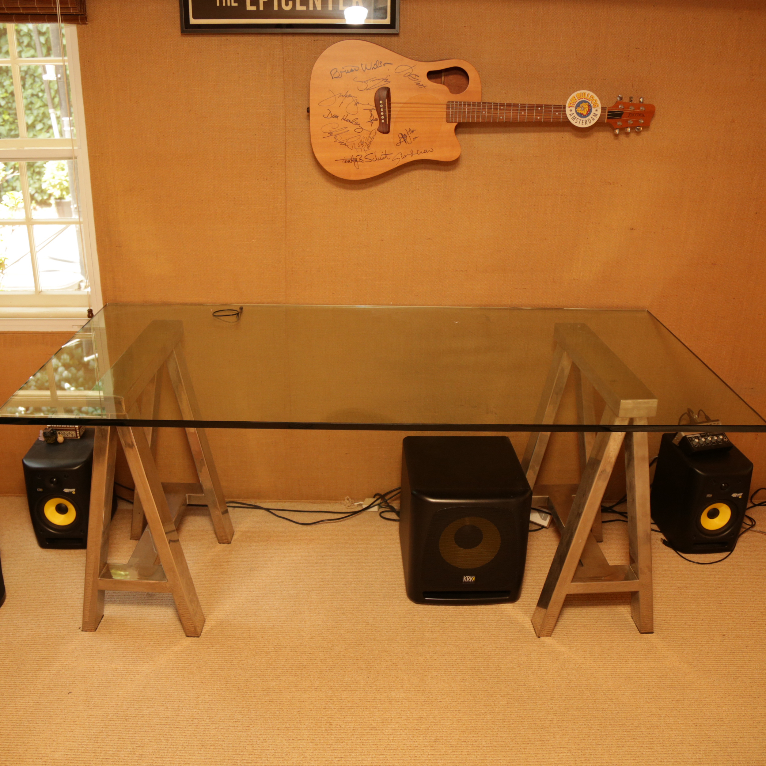 Restoration Hardware Glass Topped Desk with Chrome Sawhorse Legs