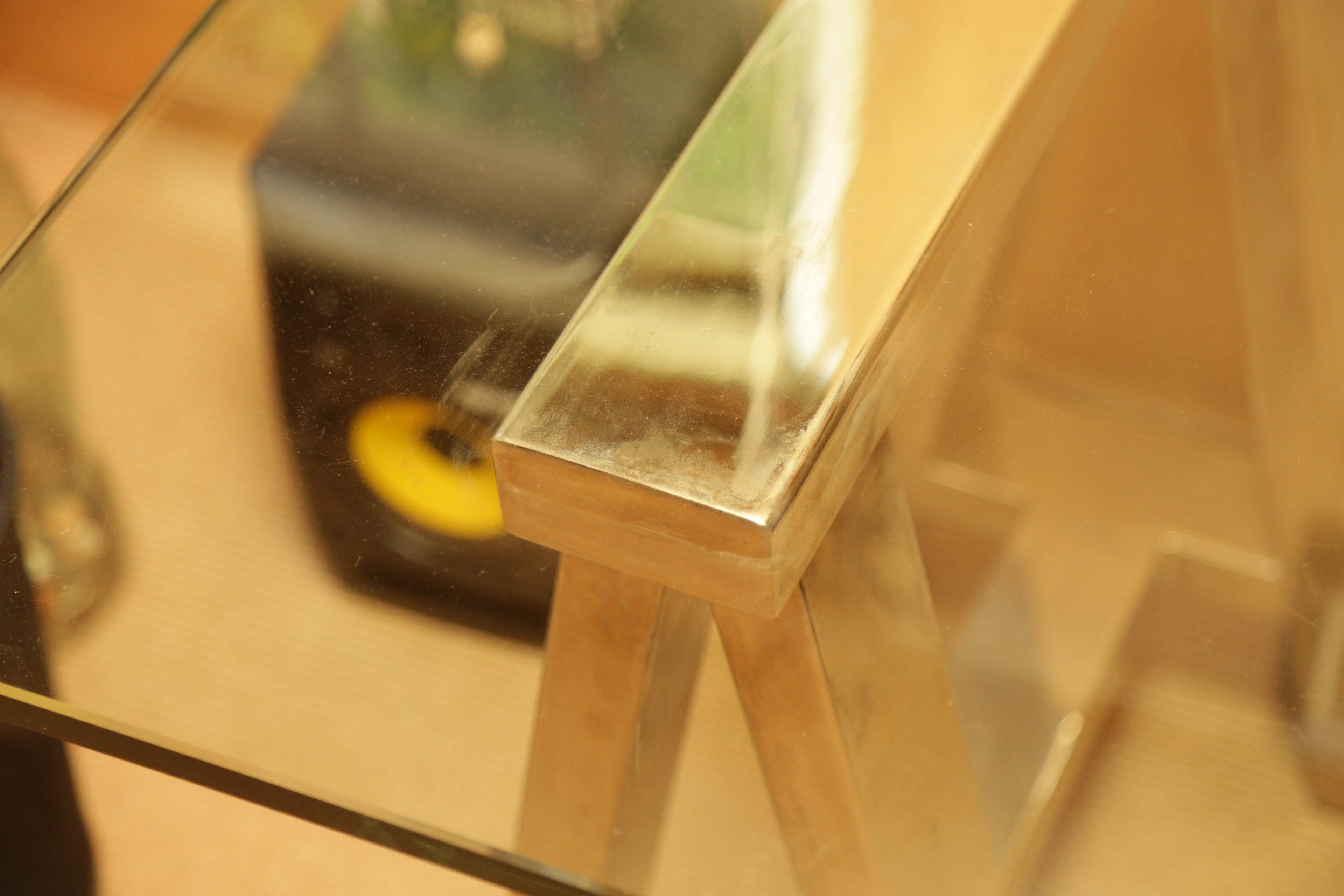 Restoration Hardware Glass Topped Desk with Chrome Sawhorse Legs