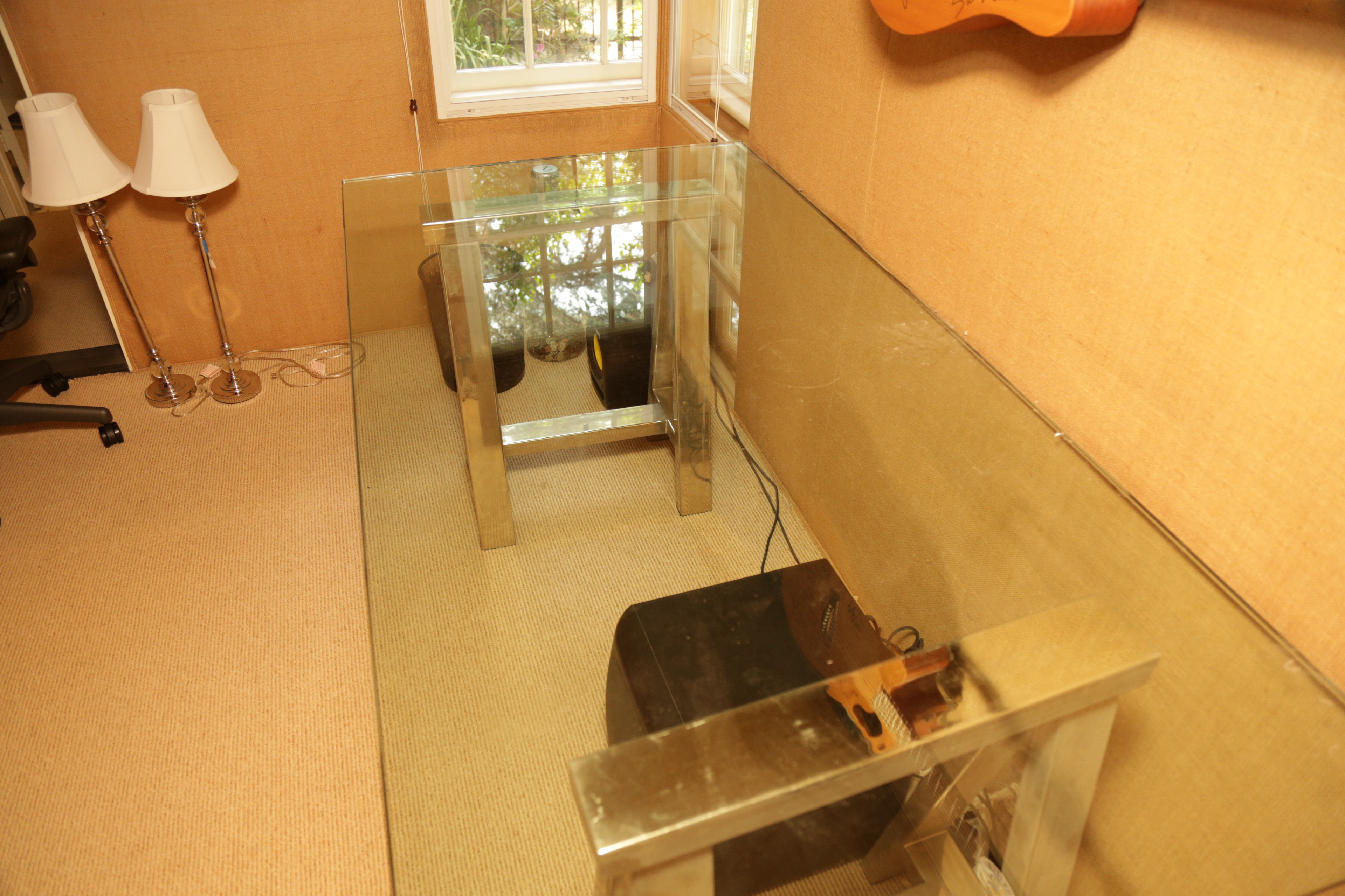 Restoration Hardware Glass Topped Desk with Chrome Sawhorse Legs