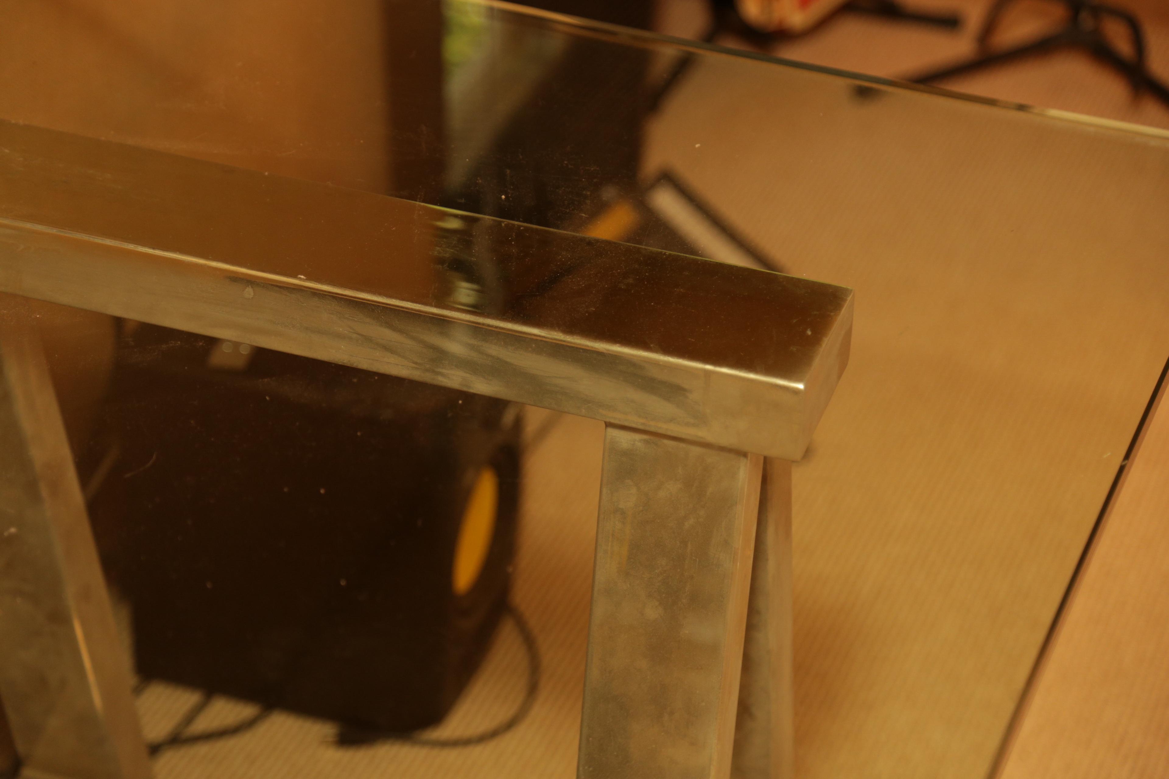 Restoration Hardware Glass Topped Desk with Chrome Sawhorse Legs