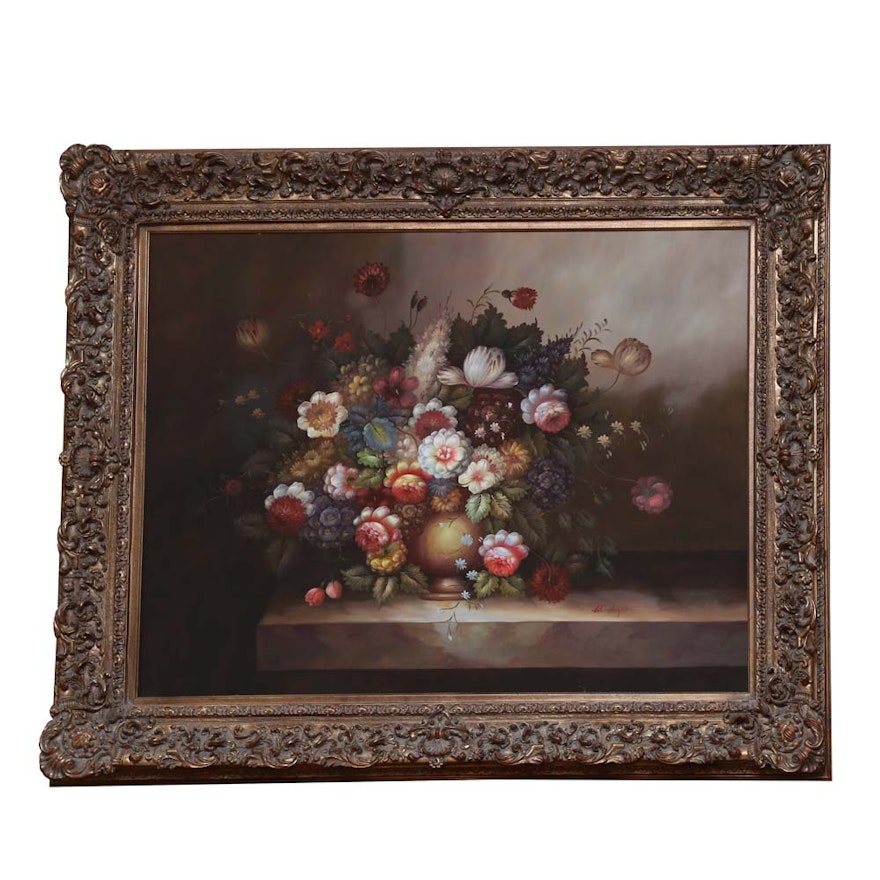 Large-Scale Dutch Style Floral Acrylic Still Life Painting on Canvas