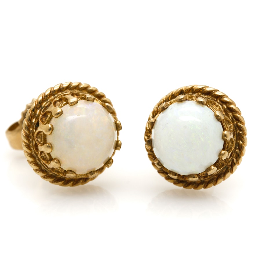 14K Yellow Gold Opal Gemstone Stud Earrings