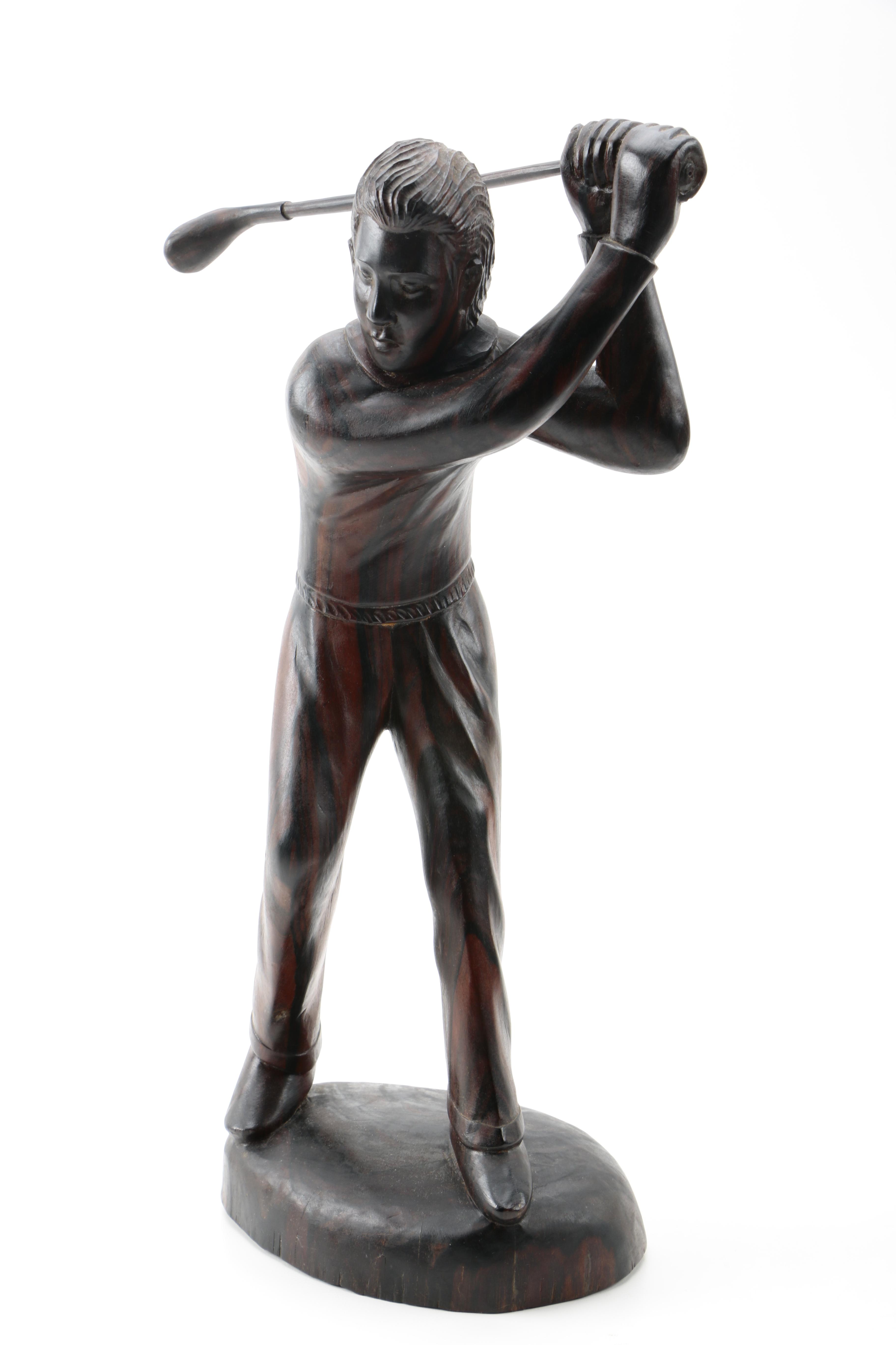 Wooden Golf Figurine and Metal Flask