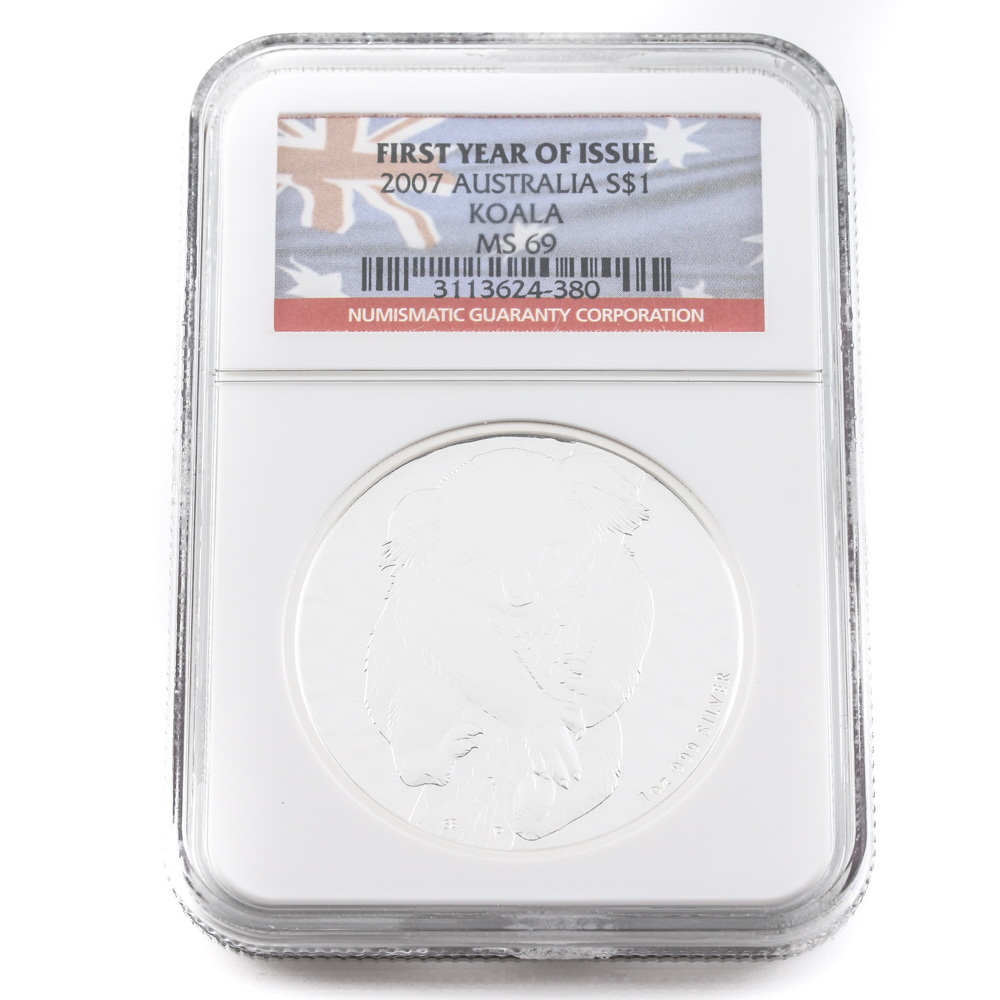 Graded MS 69 (by NGC) 2007 First Year of Issue Australian Koala Silver Bullion $1 Coin
