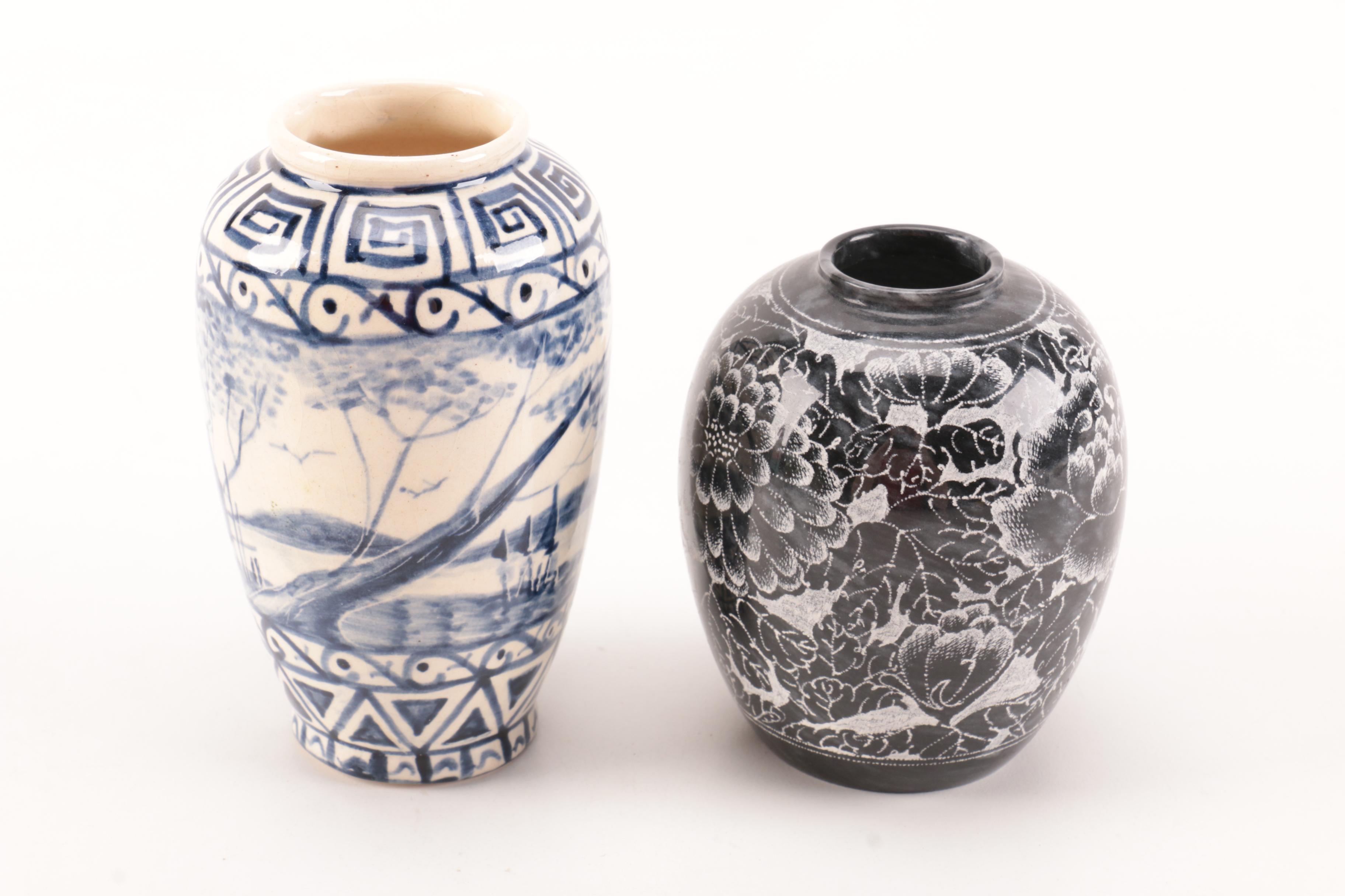 Assorted Asian Style Ceramic Vases Featuring Vintage Anaware Pottery
