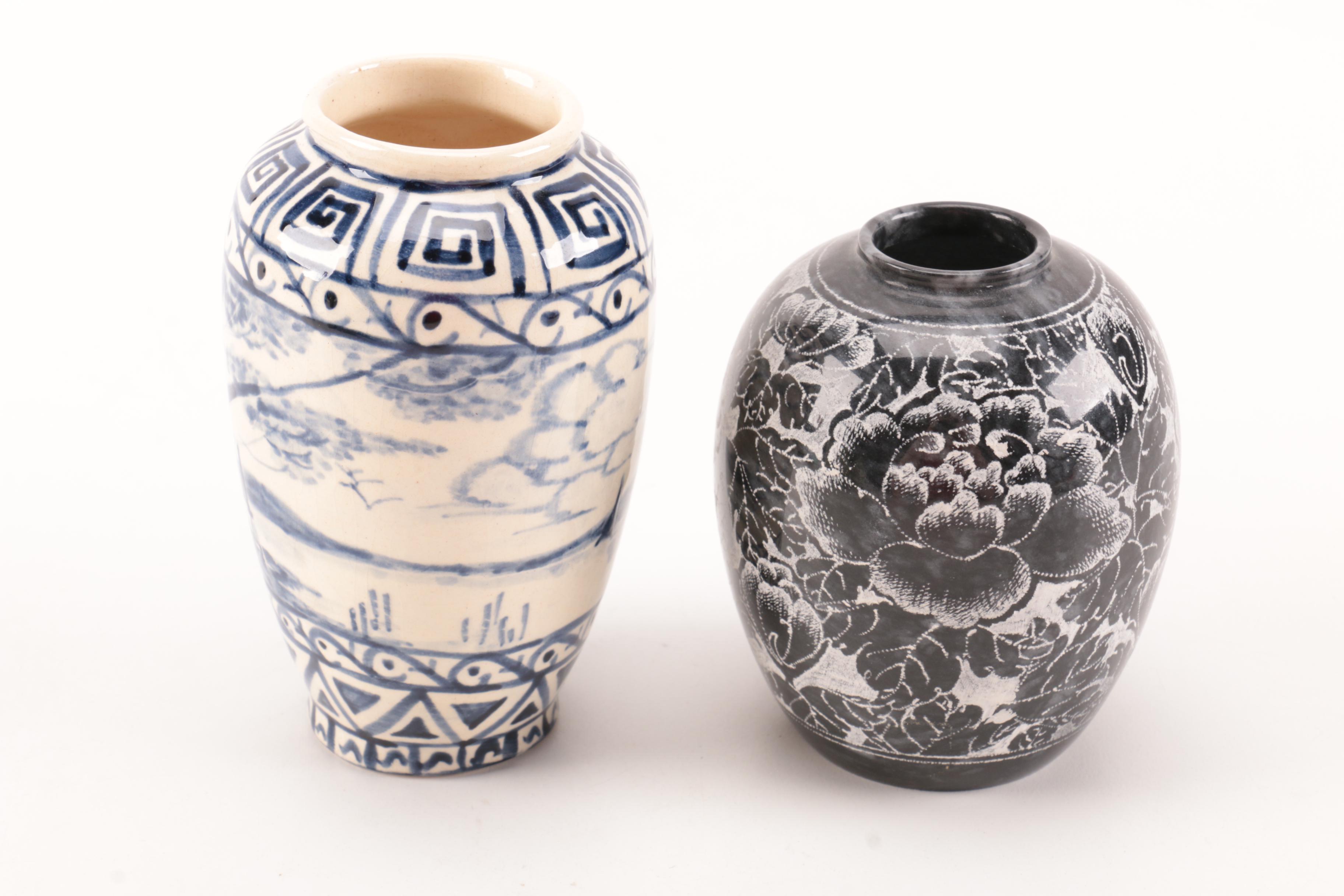 Assorted Asian Style Ceramic Vases Featuring Vintage Anaware Pottery