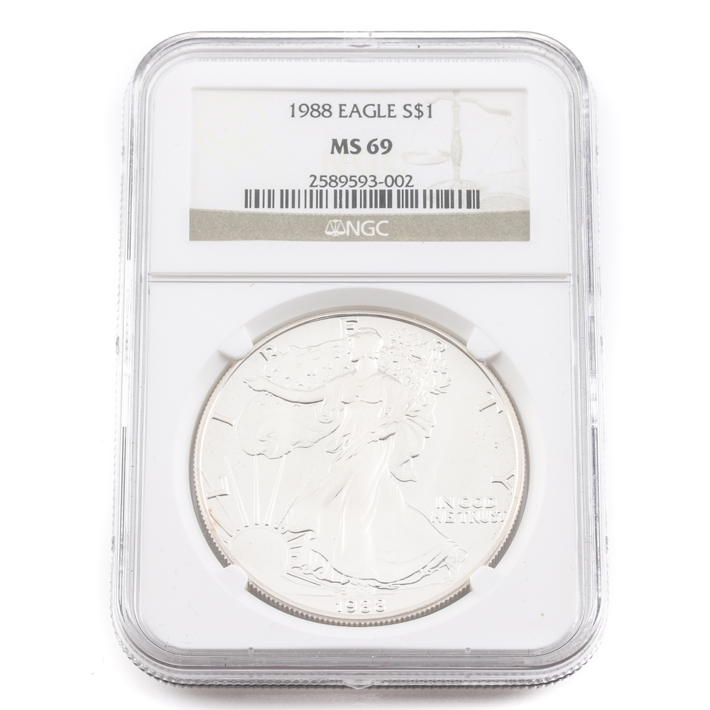 Graded MS 69 (by NGC) 1988 Silver Eagle Dollar