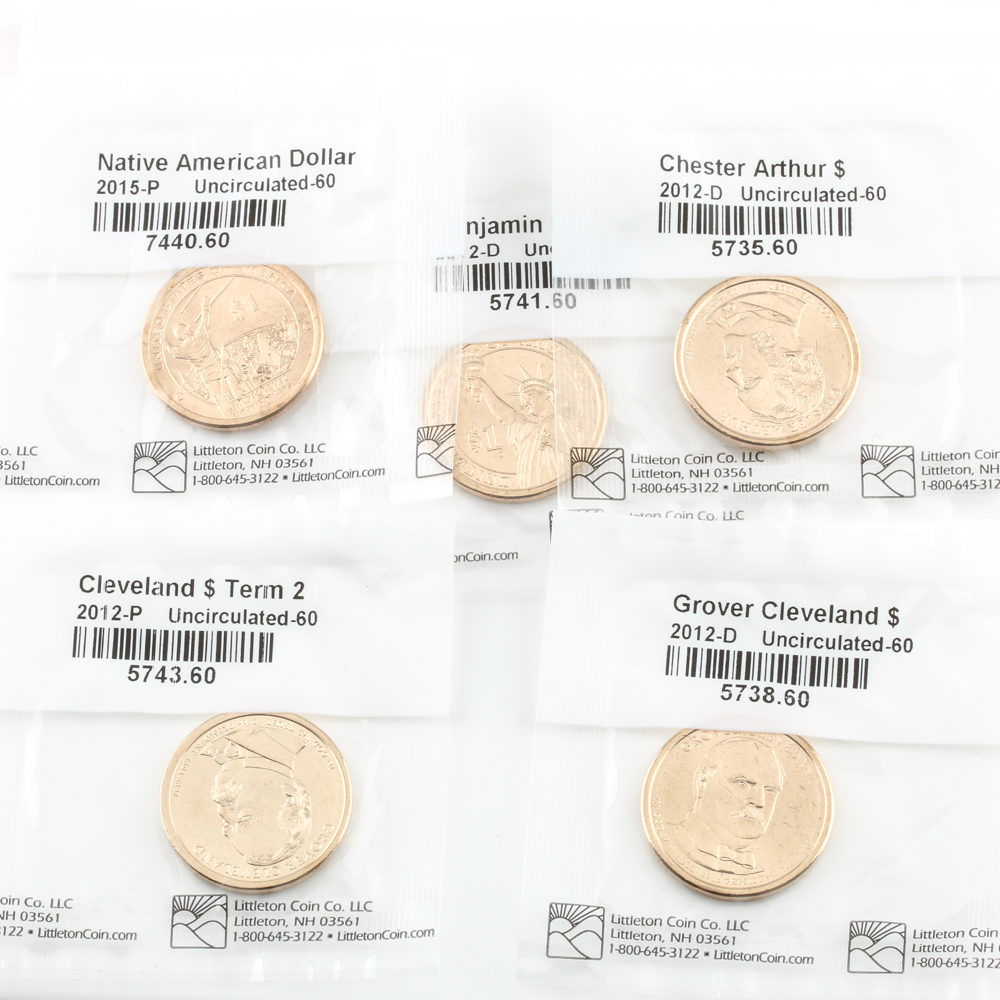 Collection of (4) Uncirculated 2012 Presidential Dollars and an Uncirculated 2015 Native American Dollar Coin