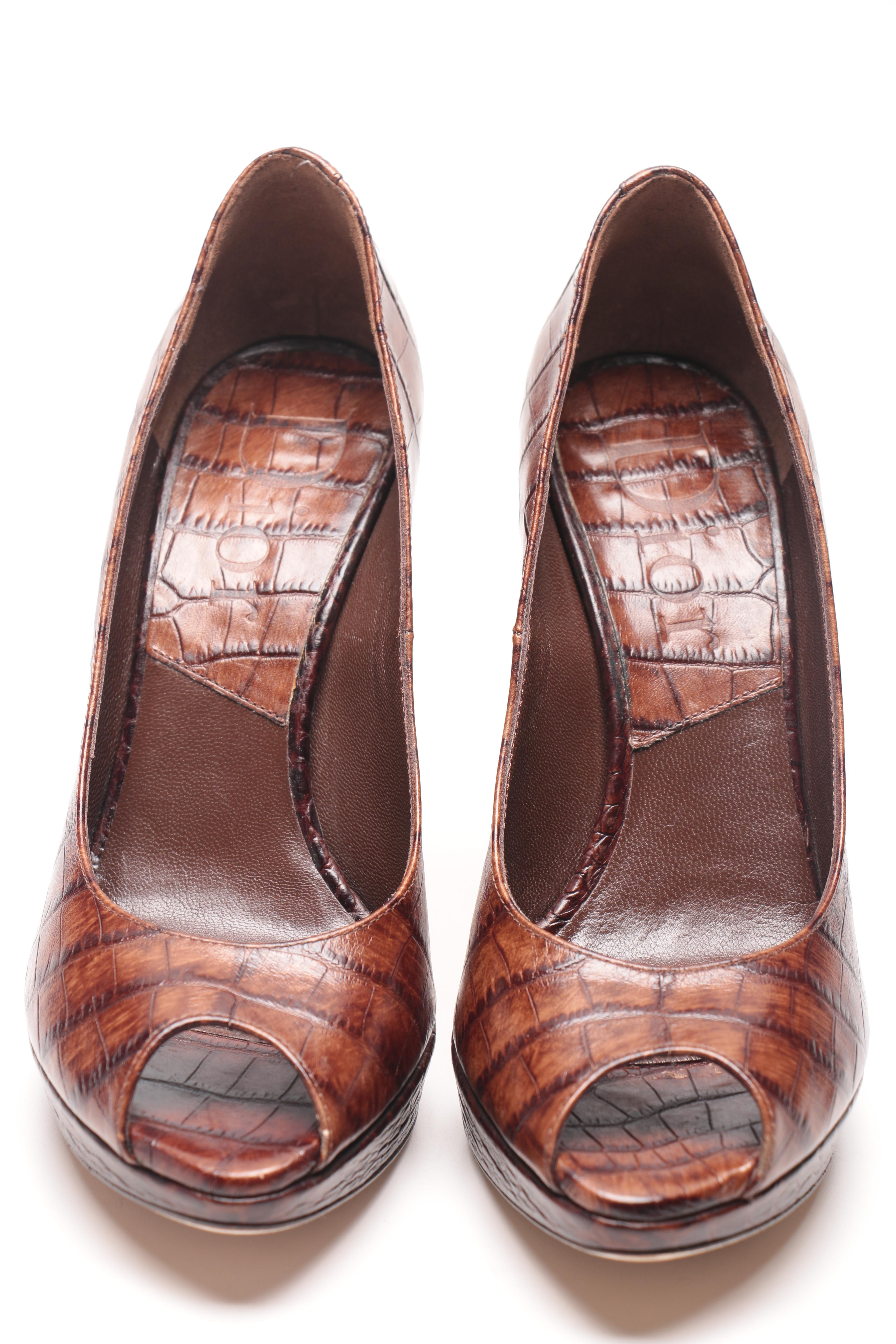 Dior Embossed Leather Peep Toe Heels