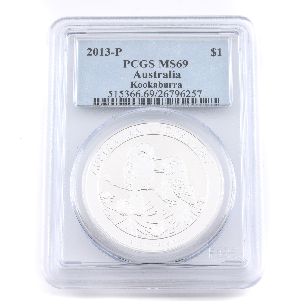 Graded MS 69 (by PCGS) 2013-P Australian Silver Bullion Kookaburra $1 Coin