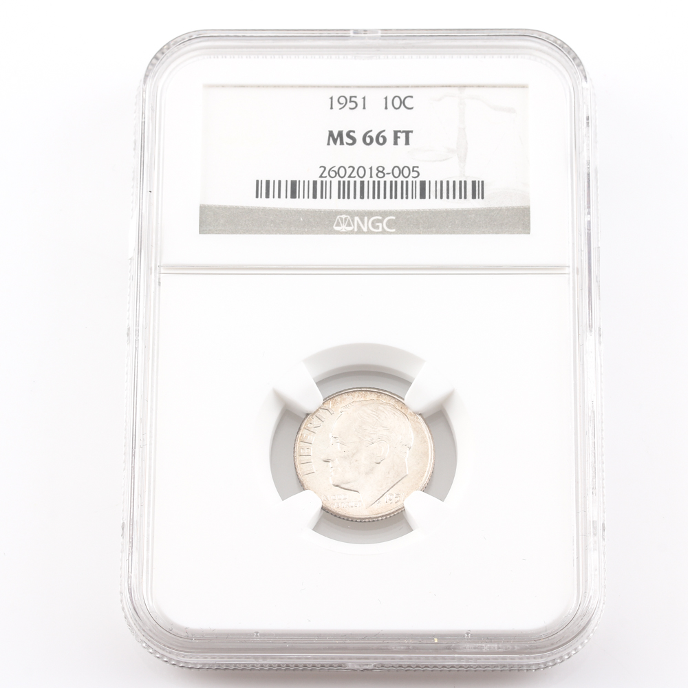 Graded MS 66 FT (by NGC) Silver 1951 Roosevelt Dime
