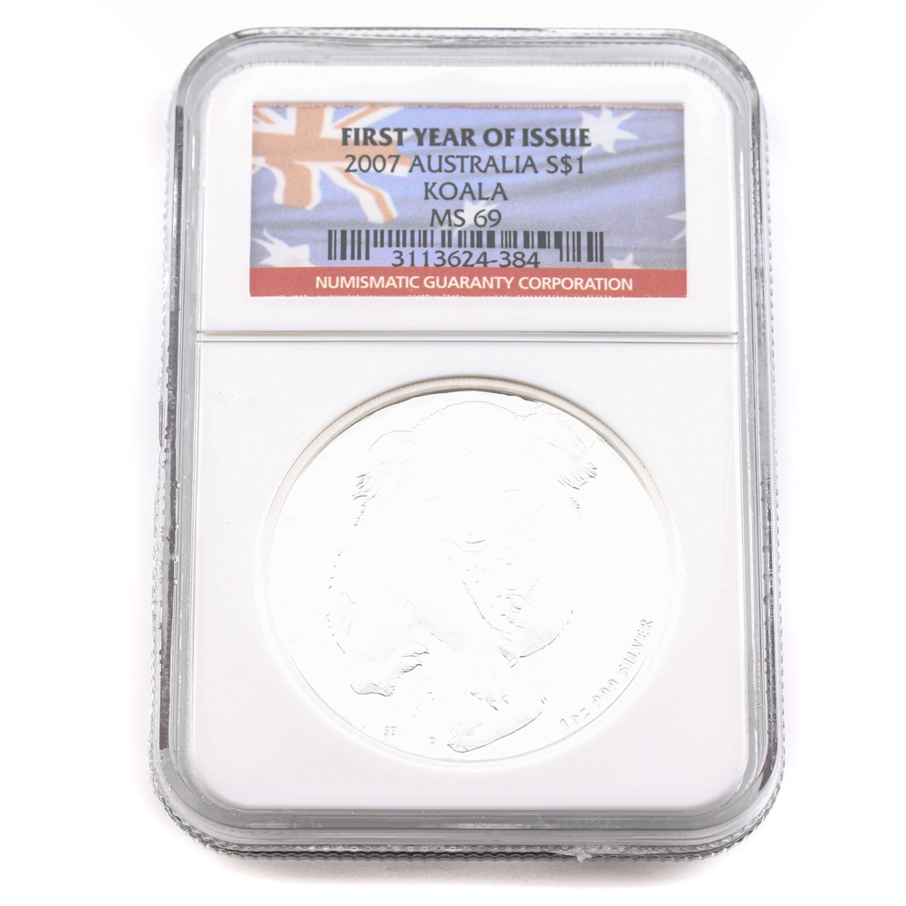 Graded MS 69 (by NGC) 2007 First Year of Issue Australian Koala Silver Bullion $1 Coin