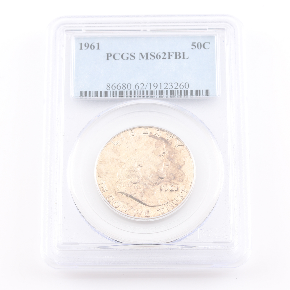Graded MS 62 FBL (by PCGS) Silver 1961 Franklin Half Dollar