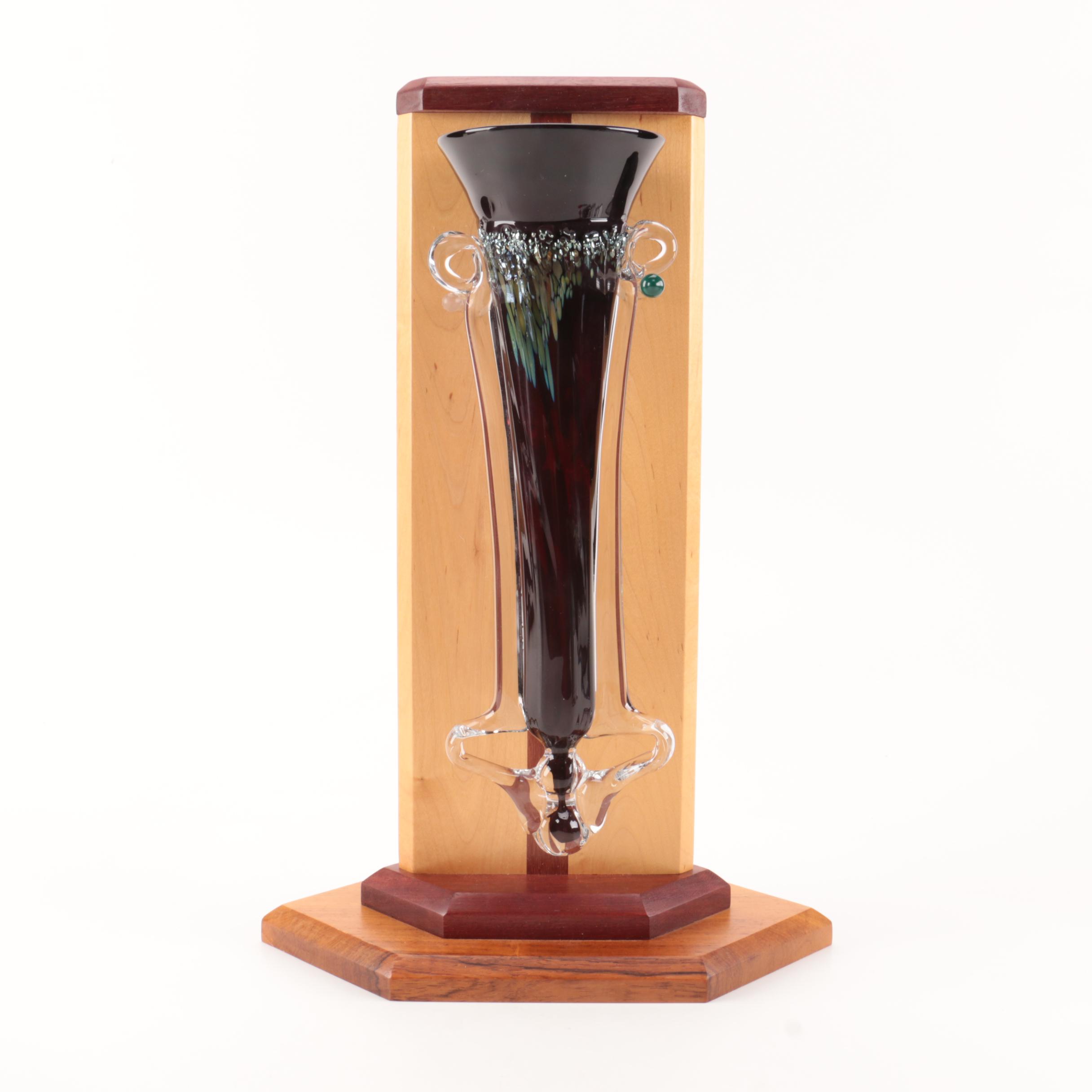 Art Glass Vase on Wooden Display Stand