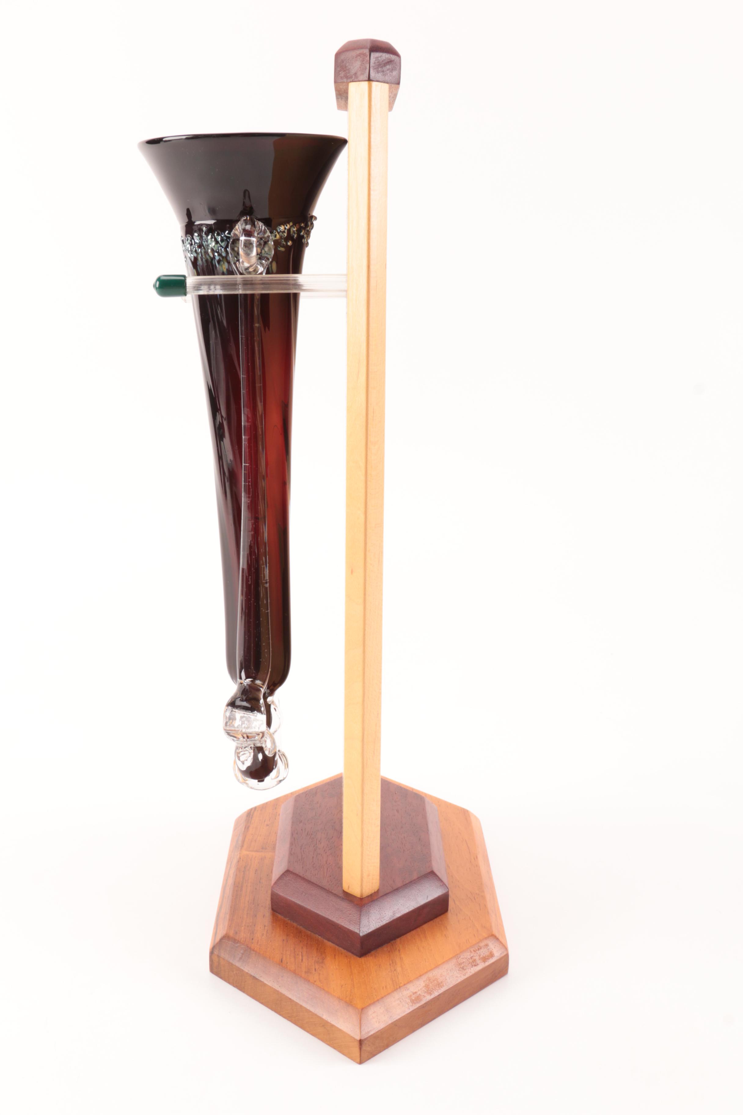 Art Glass Vase on Wooden Display Stand