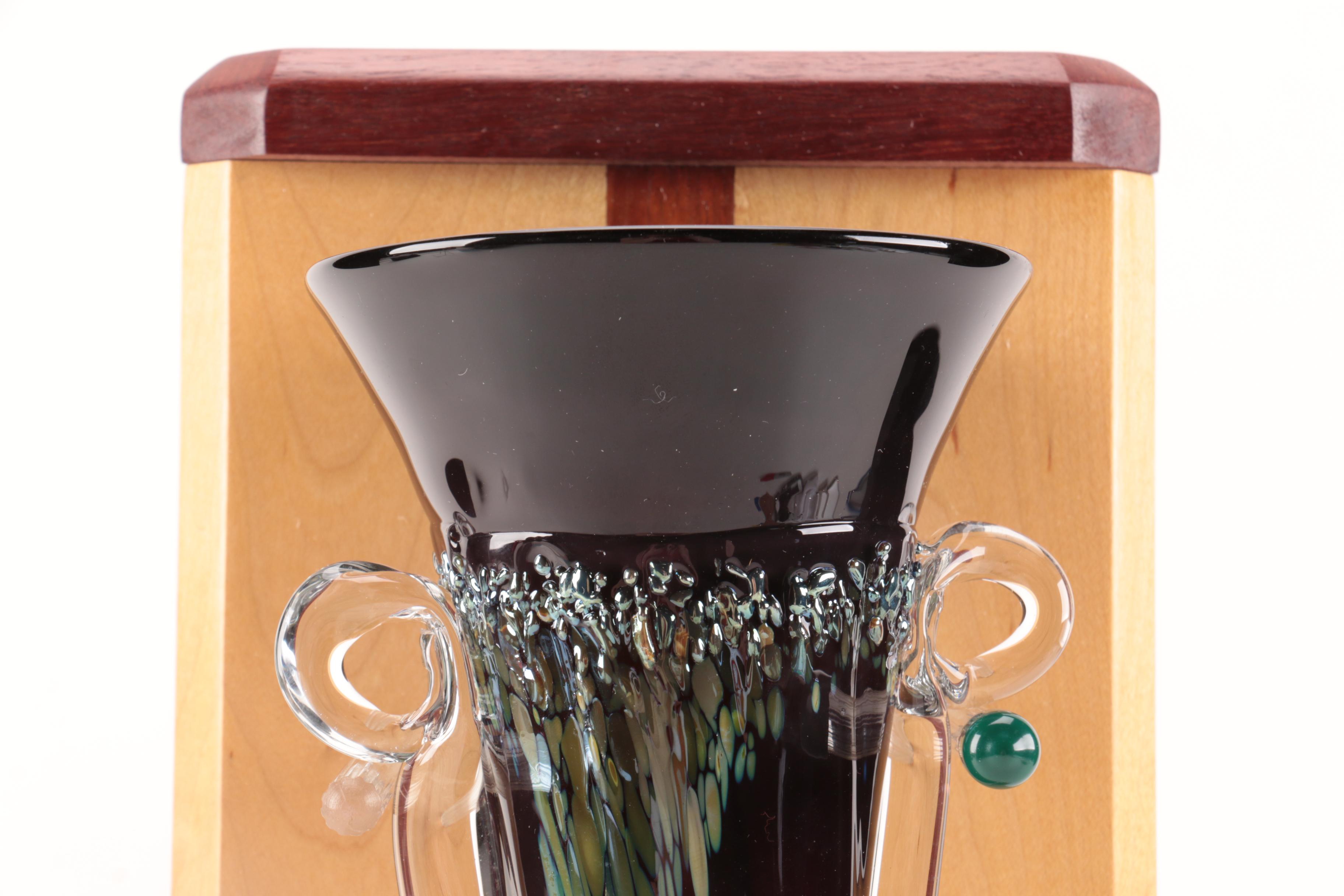 Art Glass Vase on Wooden Display Stand