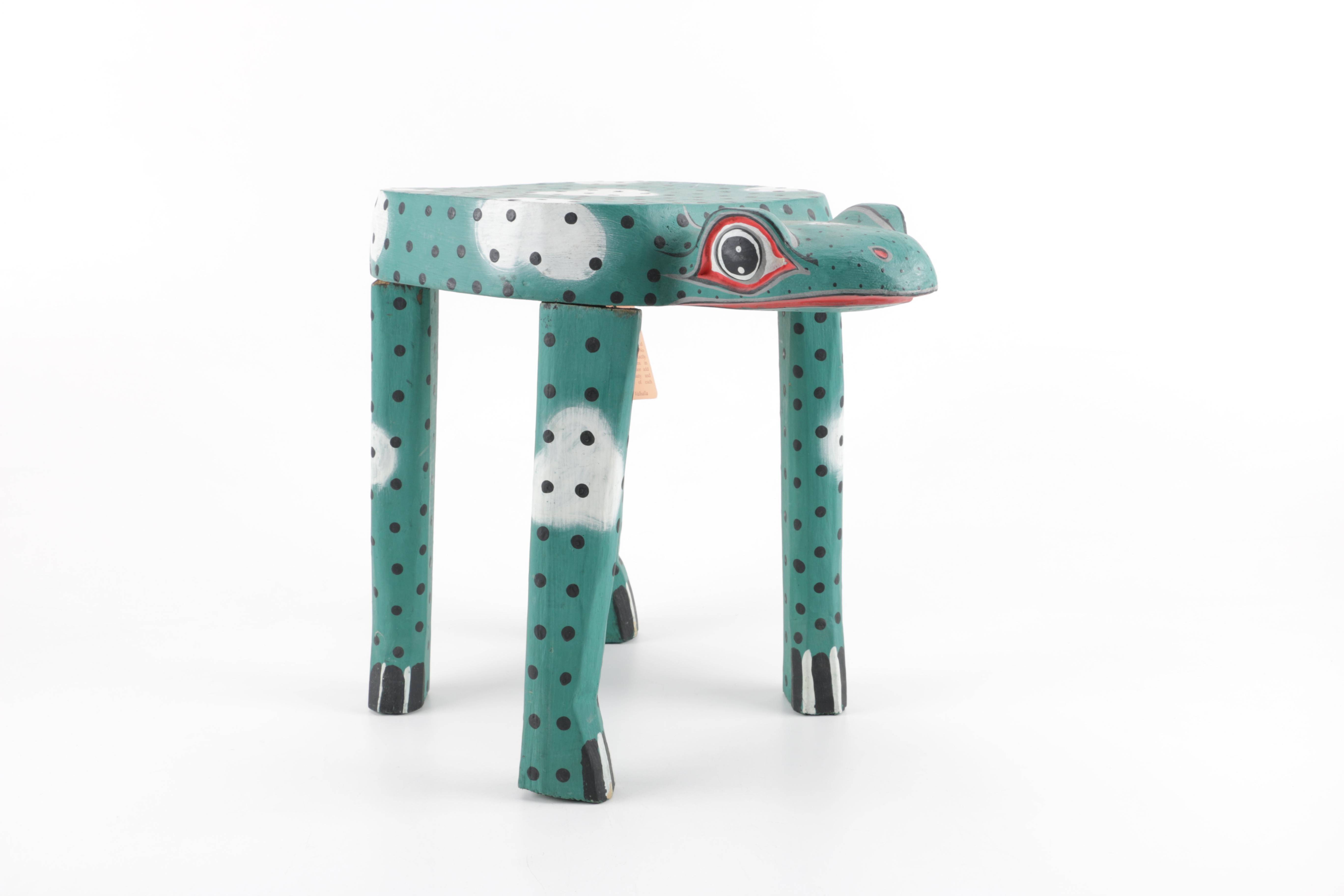 Indonesian Hand-Painted "Toad-Stool" with Winged Frog Figurine