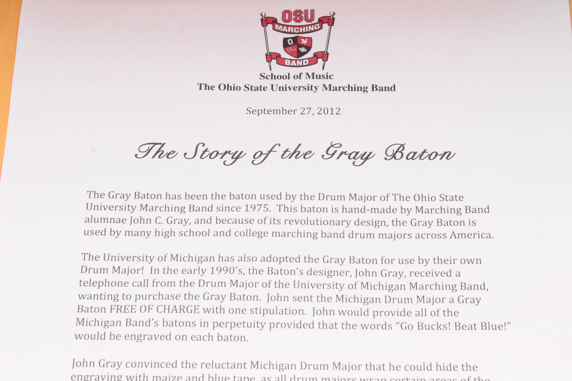 The Ohio State University Marching Band Gray Baton