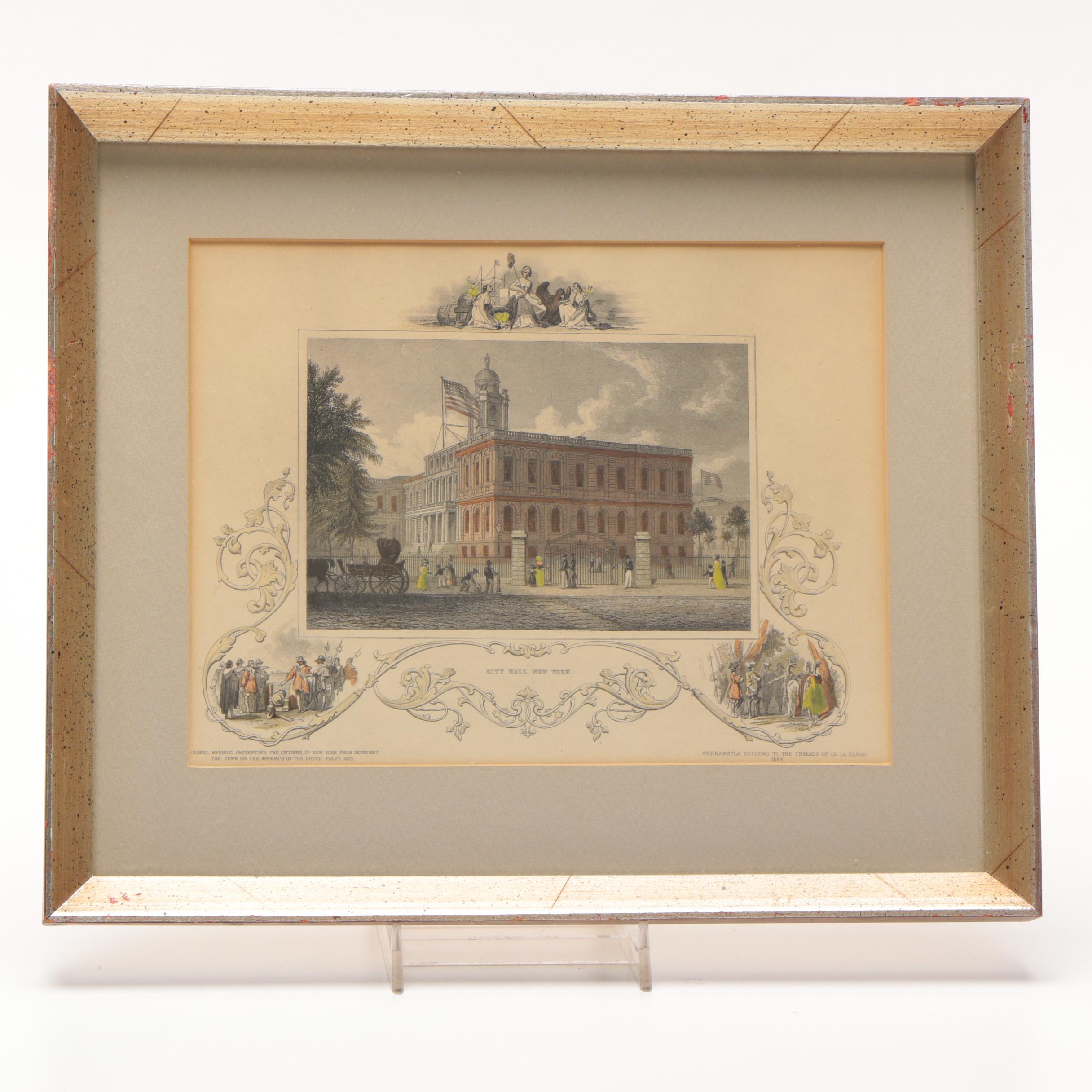 Antique Hand Colored Engraving on Paper of New York City Hall