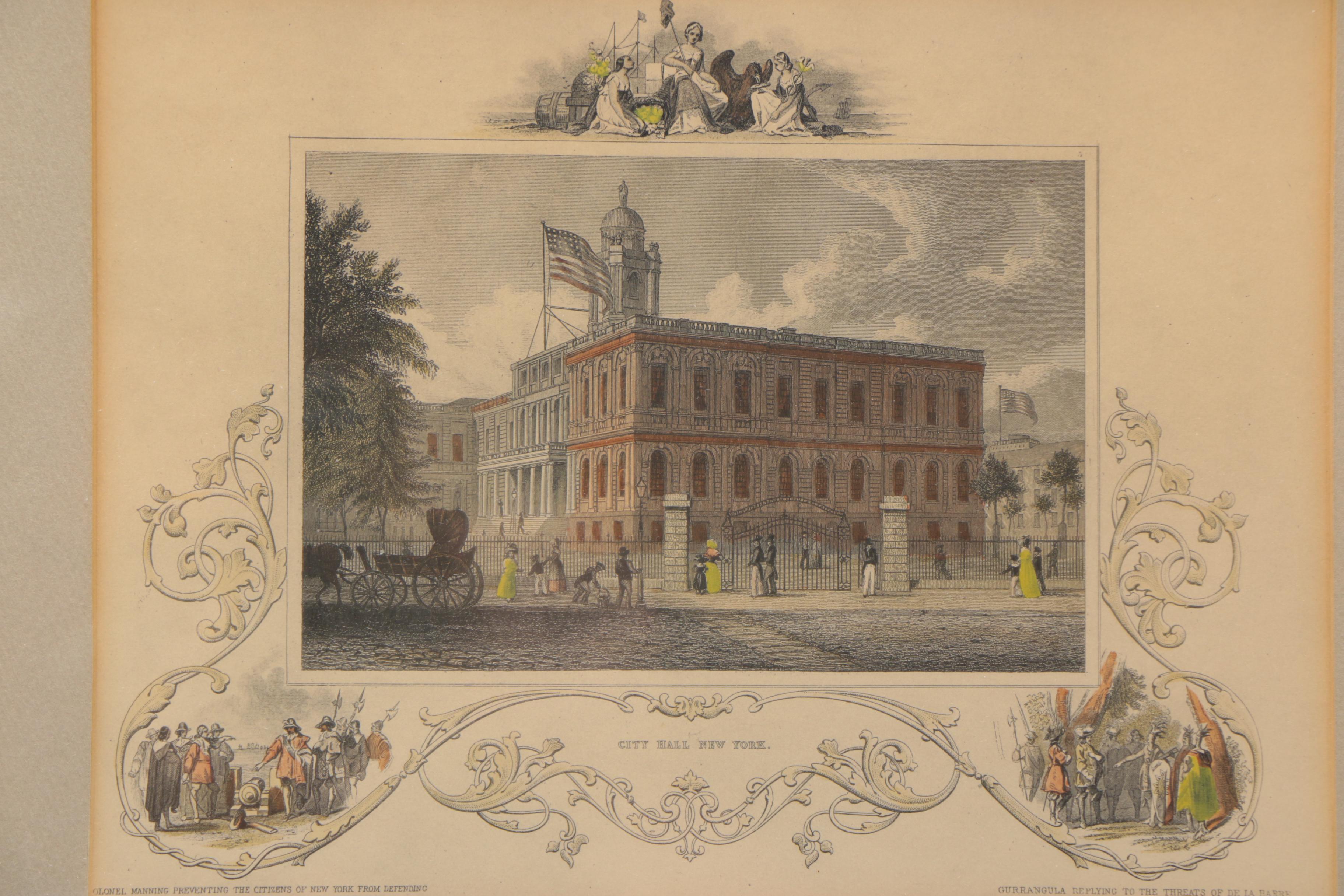 Antique Hand Colored Engraving on Paper of New York City Hall