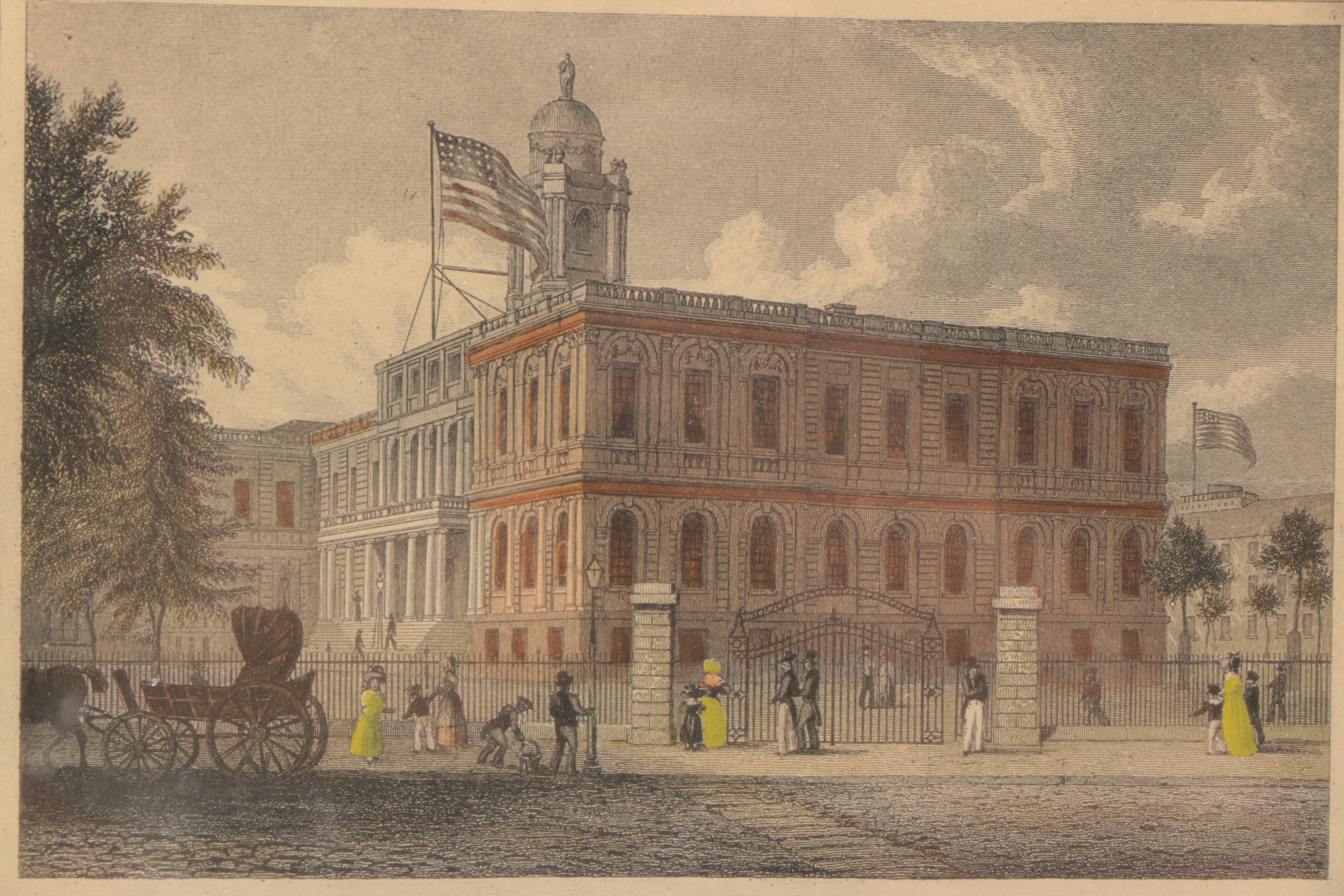 Antique Hand Colored Engraving on Paper of New York City Hall