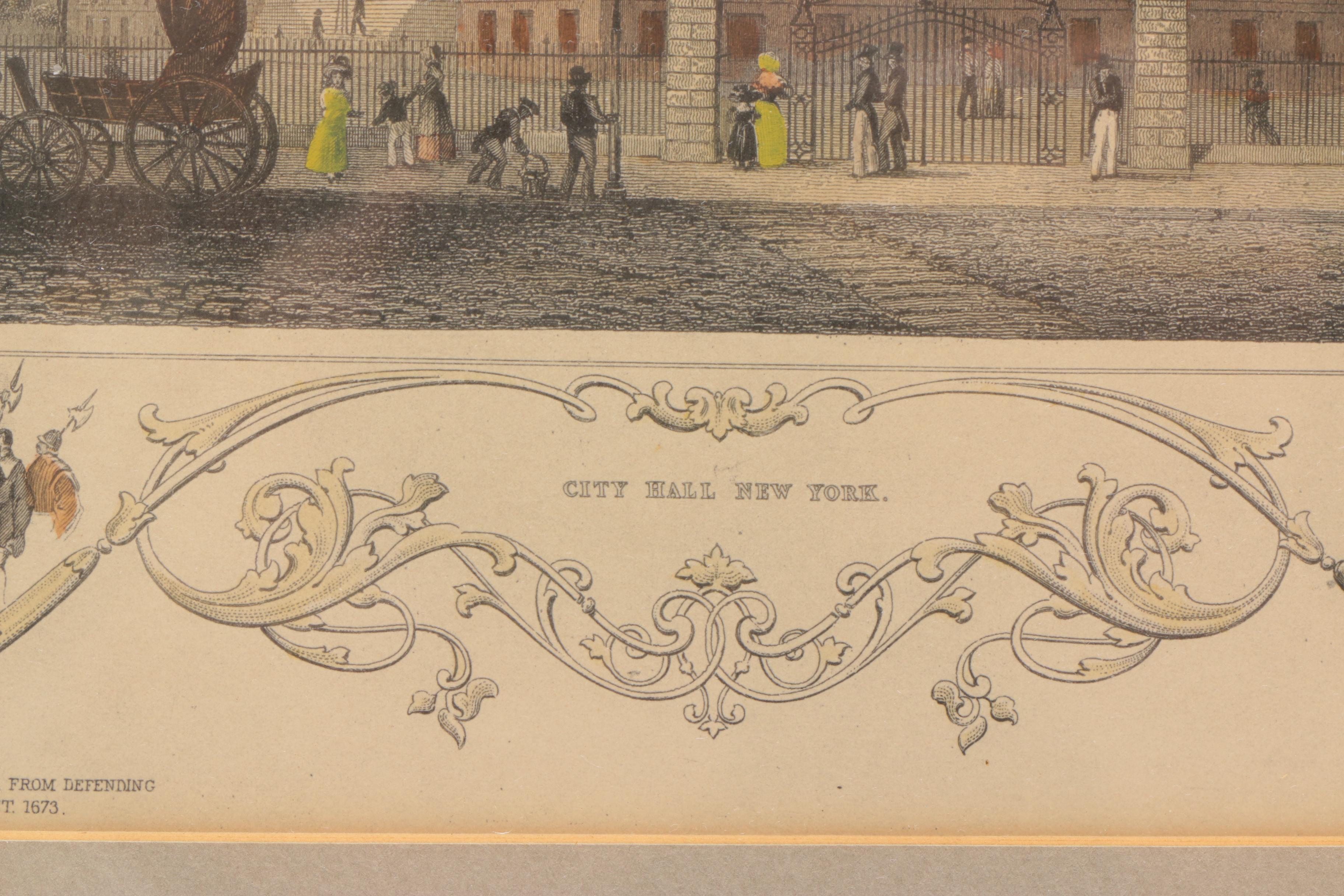 Antique Hand Colored Engraving on Paper of New York City Hall