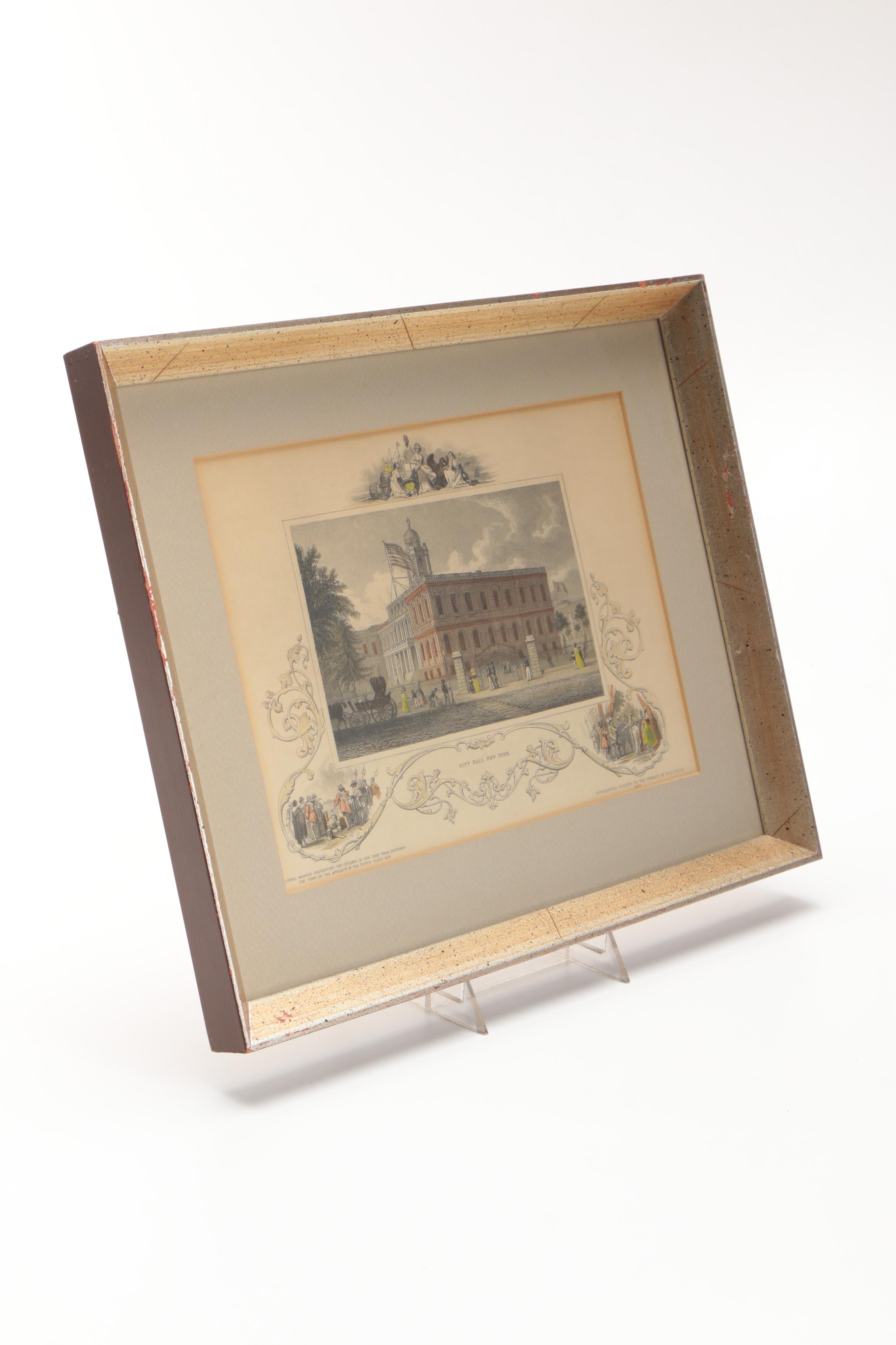 Antique Hand Colored Engraving on Paper of New York City Hall