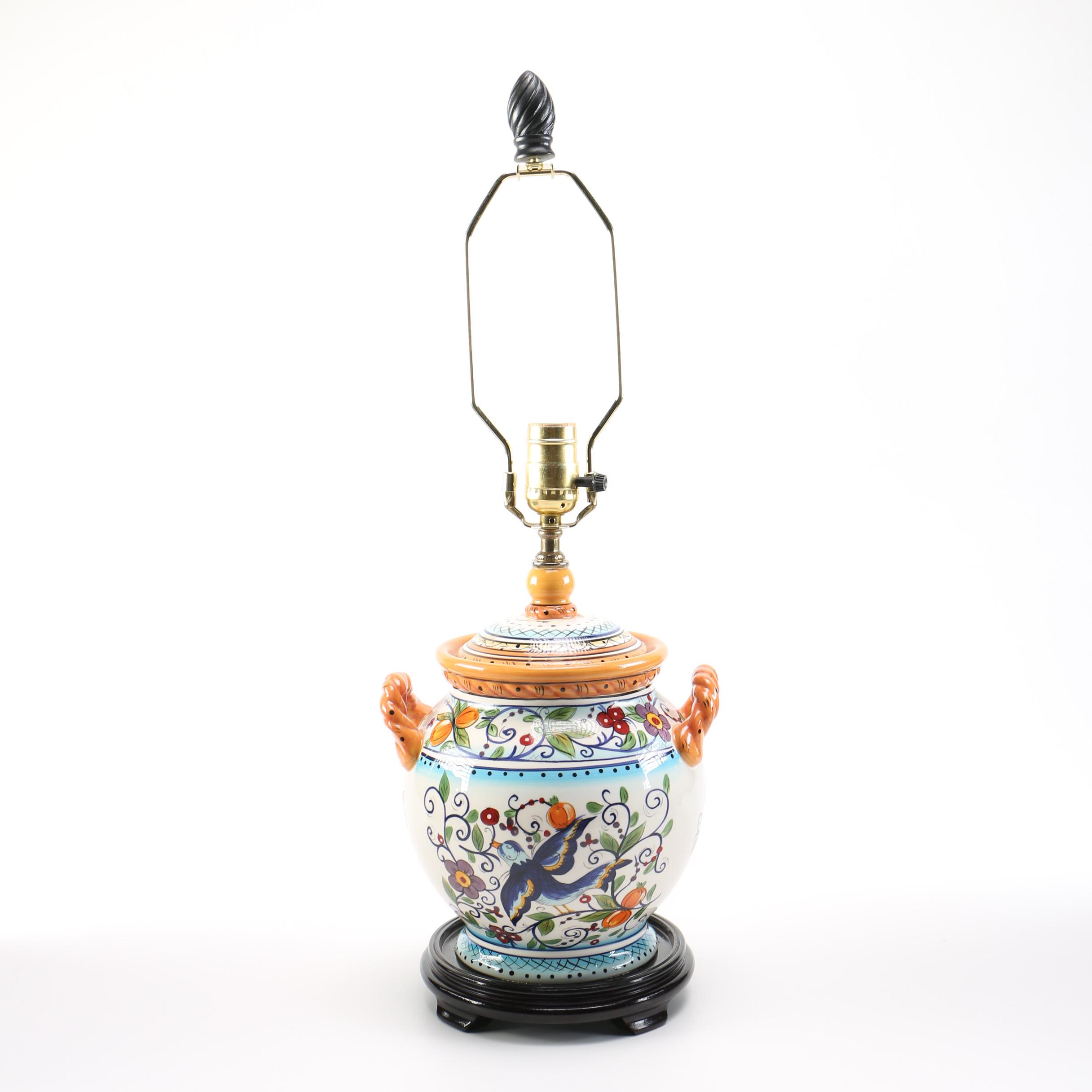 Orange Accented Blue Floral Ceramic Table Lamp