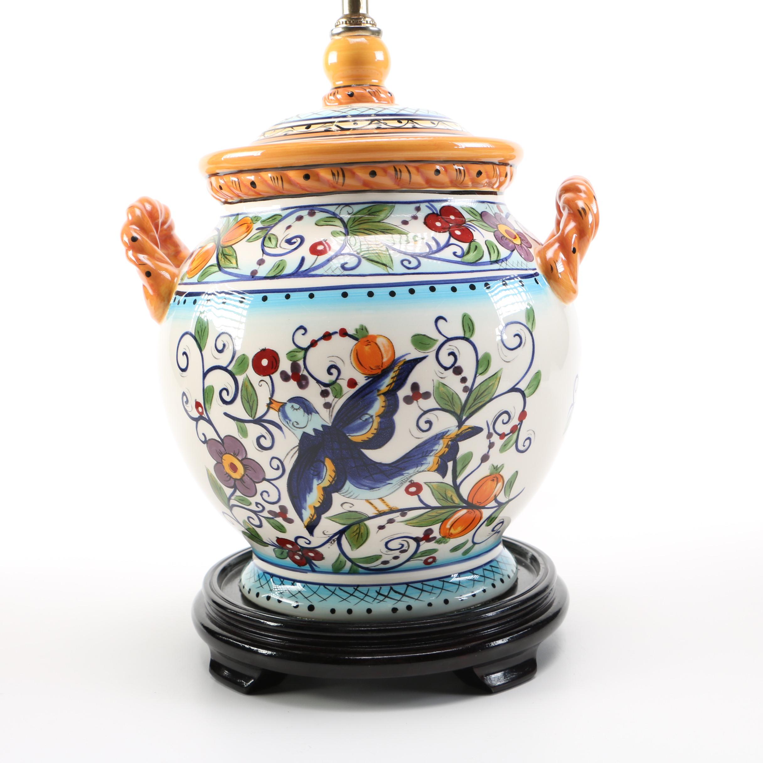 Orange Accented Blue Floral Ceramic Table Lamp
