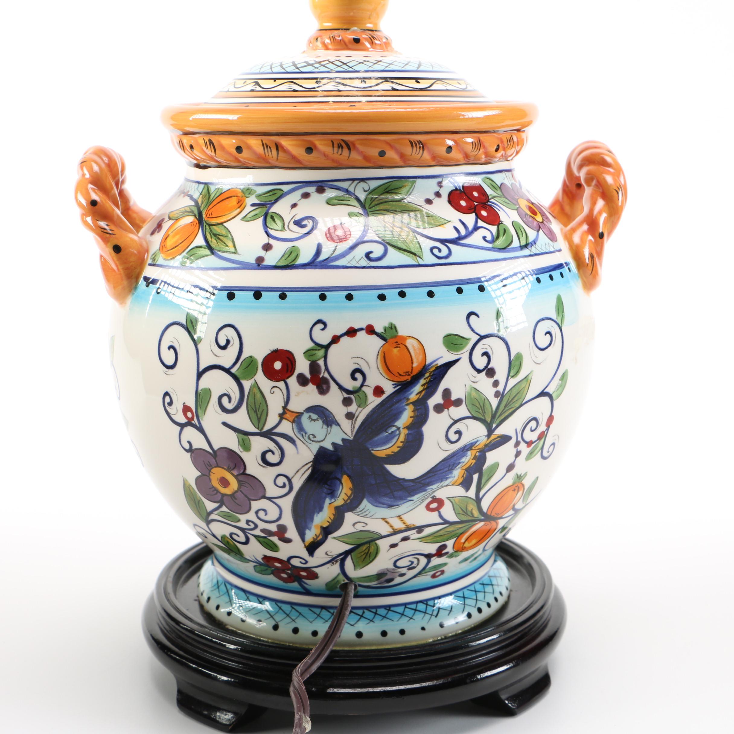 Orange Accented Blue Floral Ceramic Table Lamp