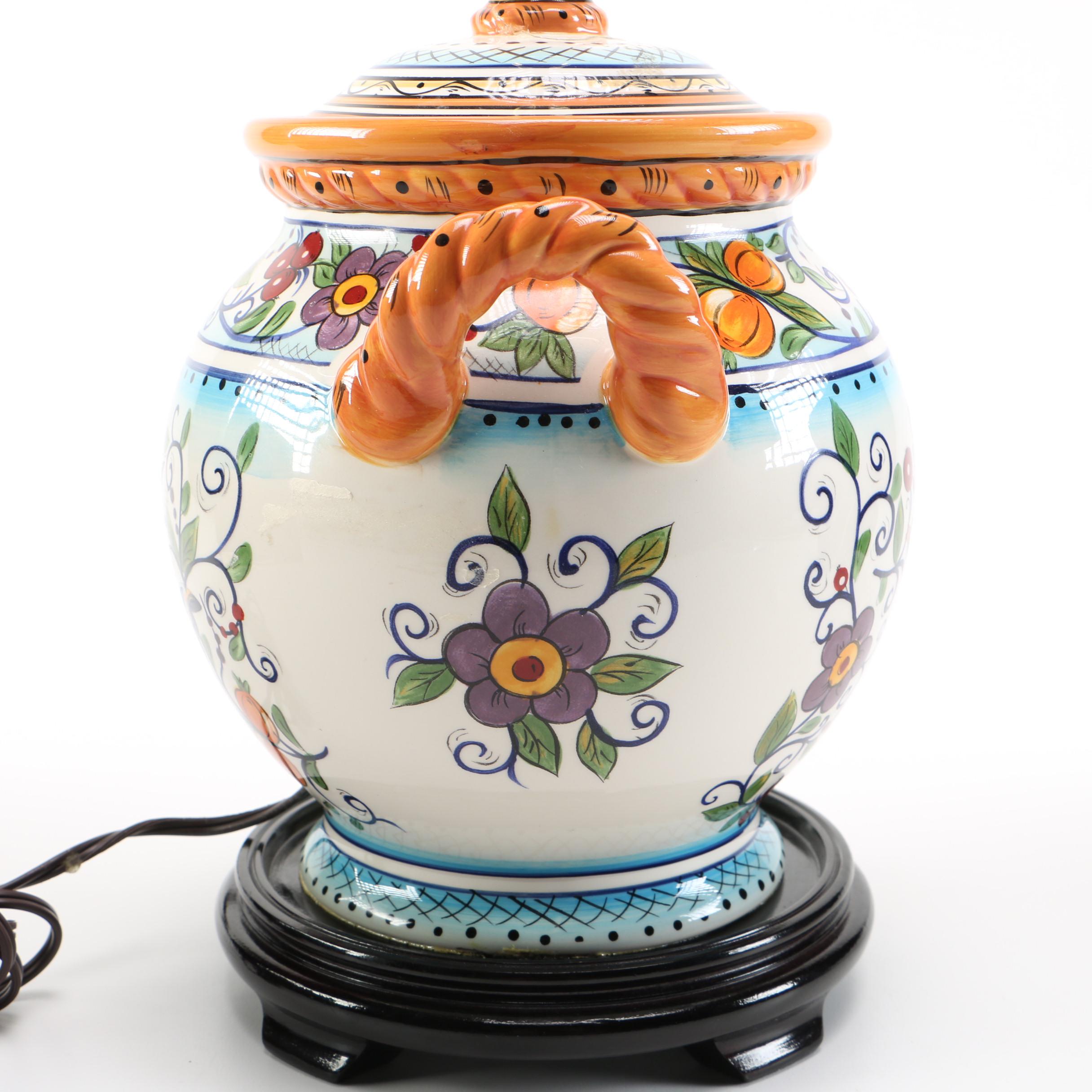 Orange Accented Blue Floral Ceramic Table Lamp