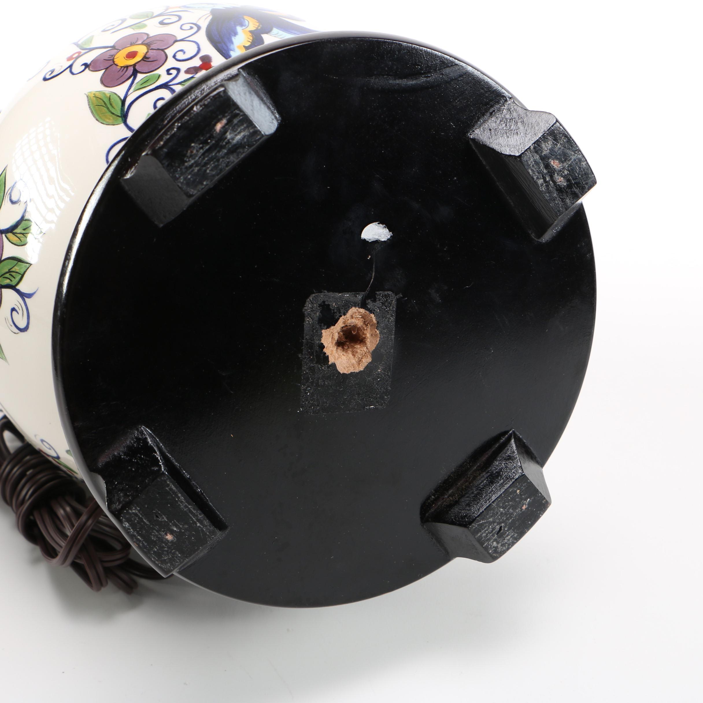 Orange Accented Blue Floral Ceramic Table Lamp