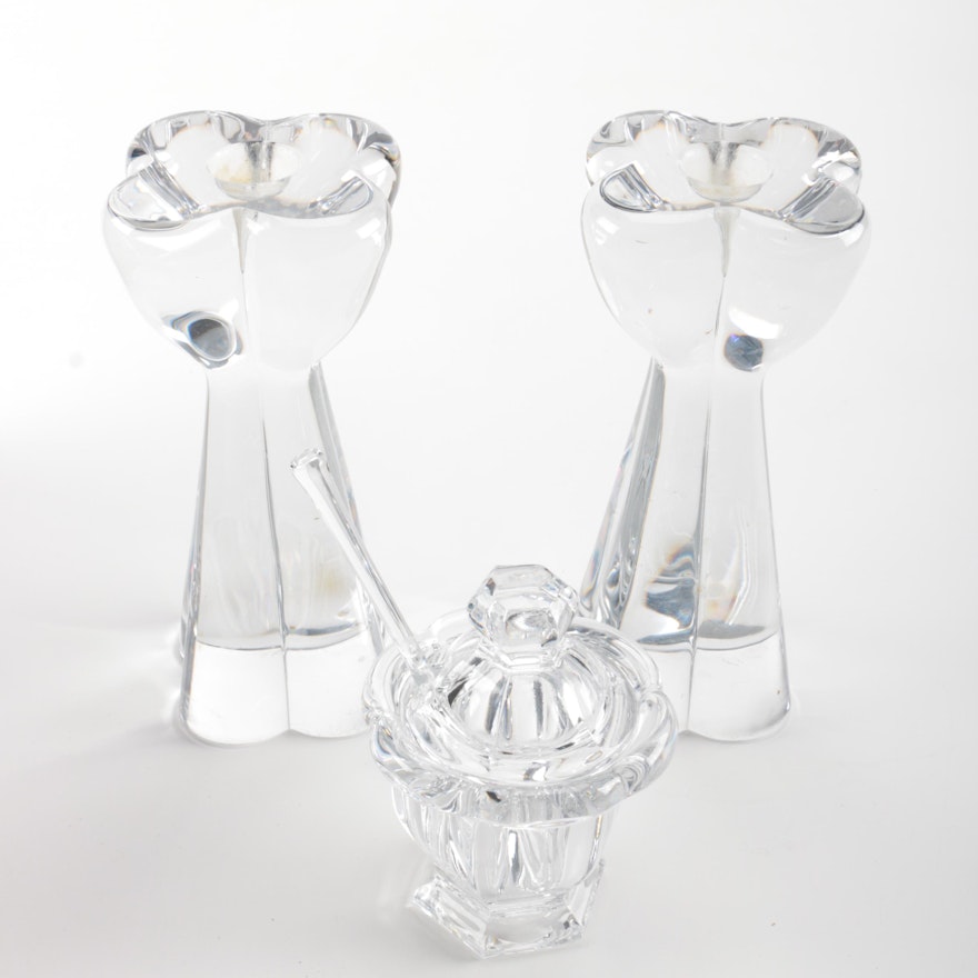 Pair of Baccarat Candlesticks and Sugar Bowl