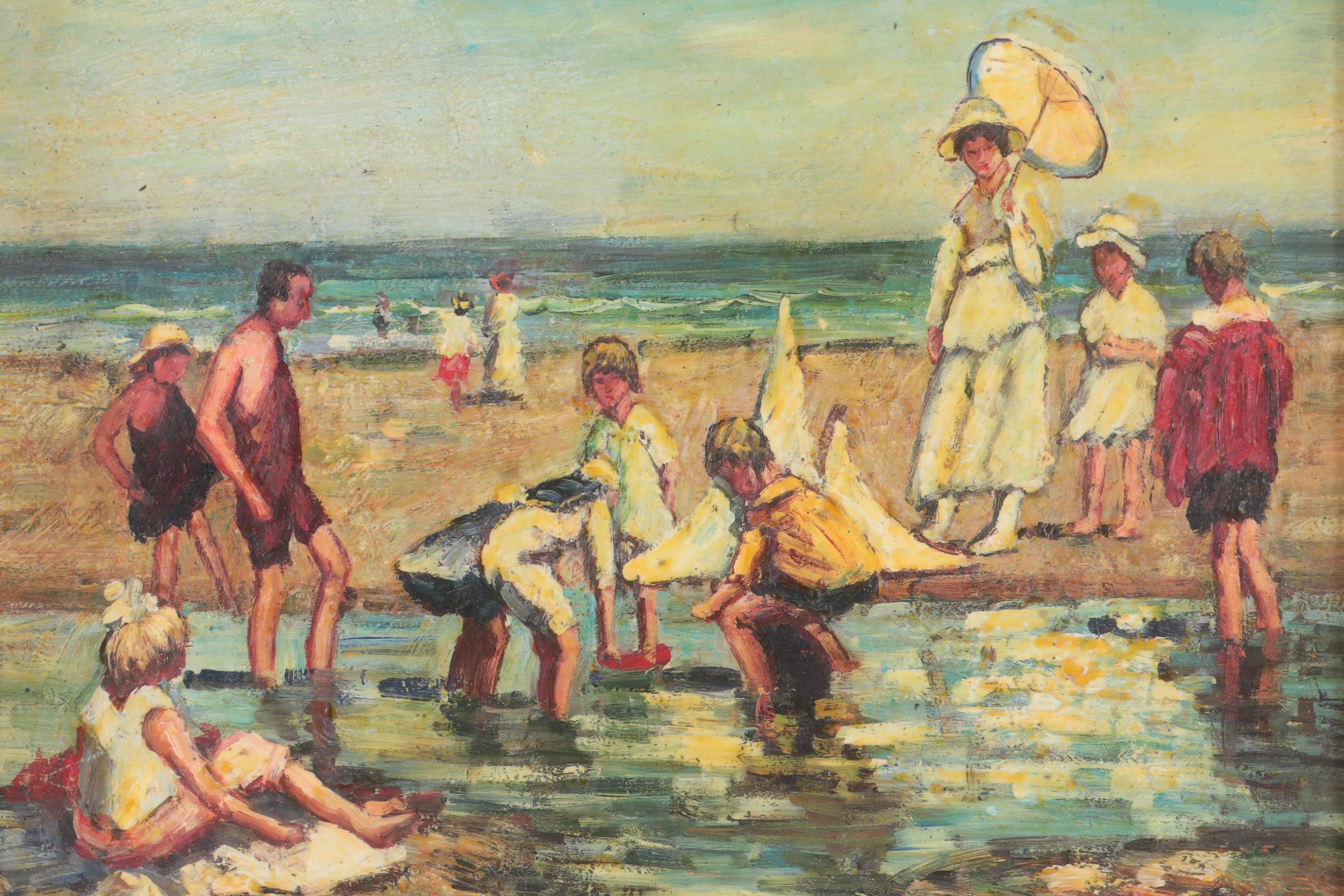 L. Knight Oil Painting of Figures at the Beach