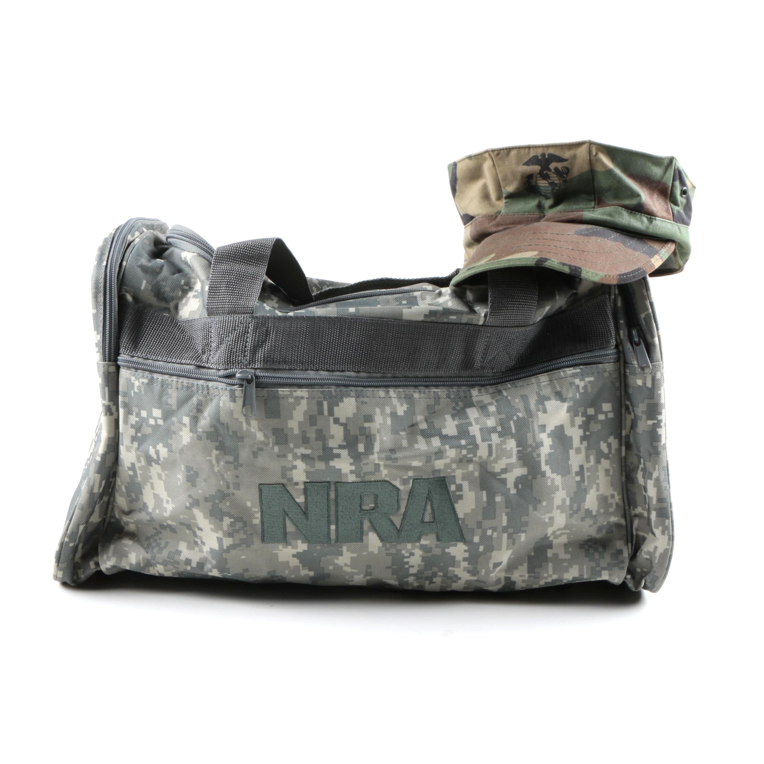 Camouflage Hat and NRA Duffel Bag