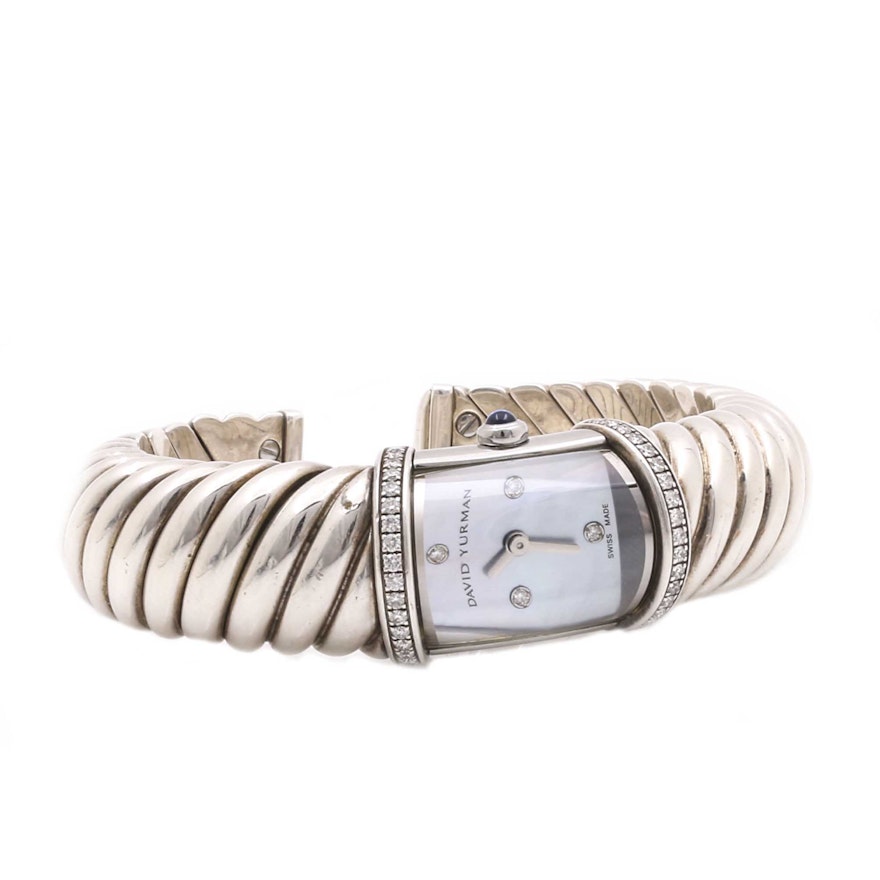 David Yurman Sterling Silver Diamond Bangle Wristwatch