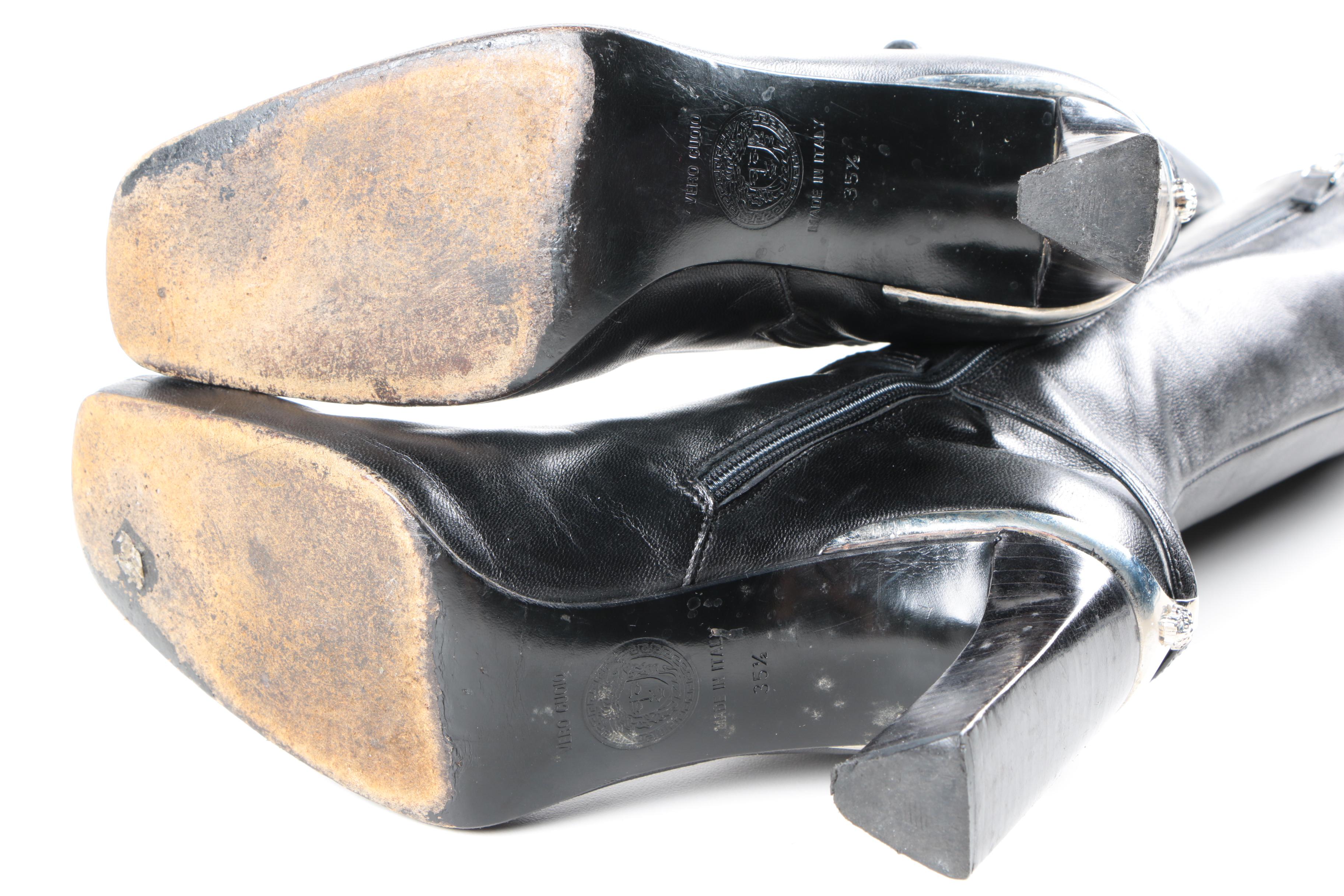 Versace Black Leather Square Toe Boots