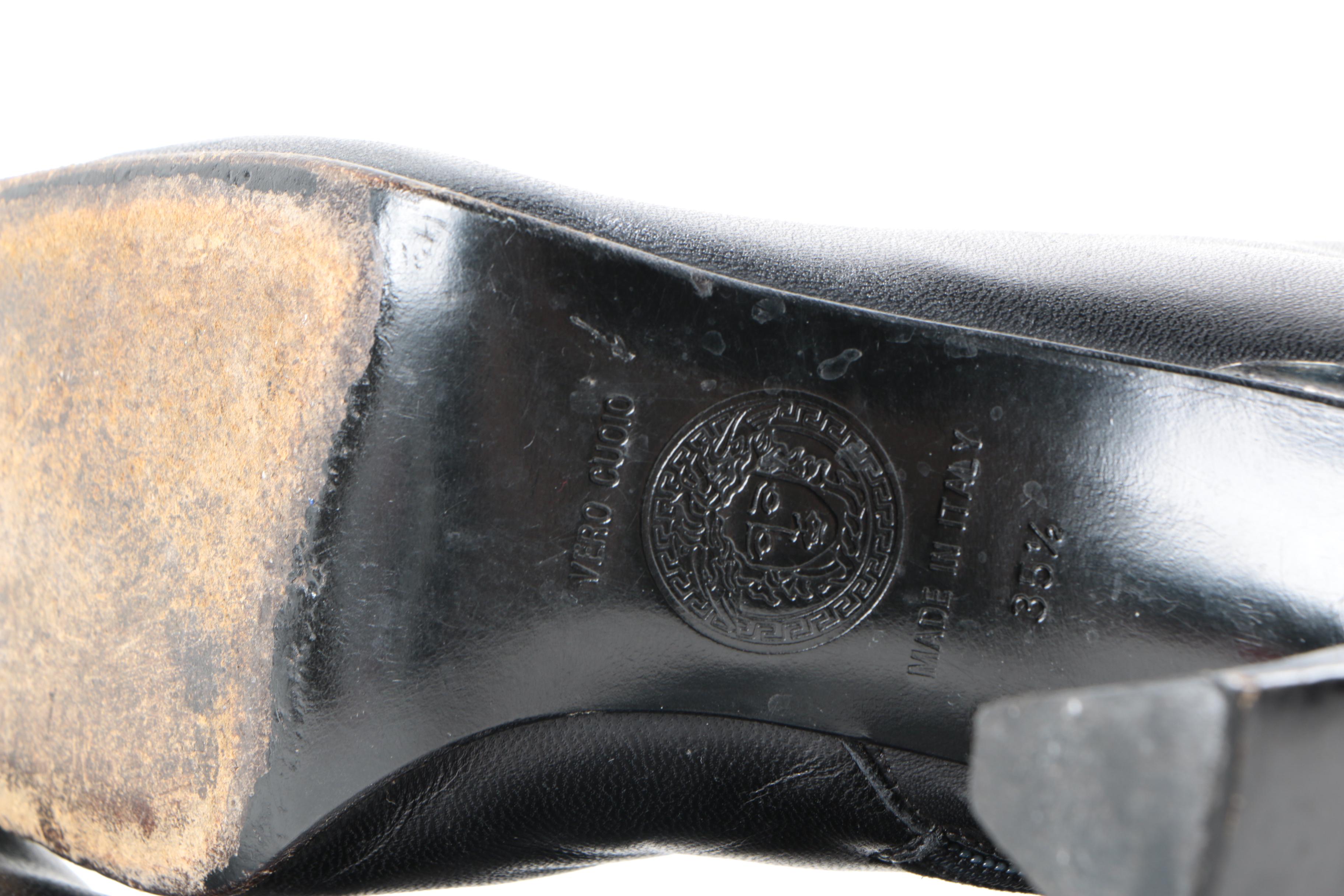 Versace Black Leather Square Toe Boots