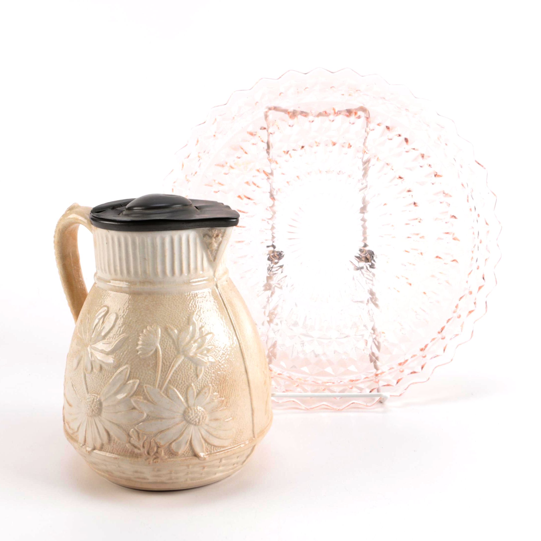 Antique English Parain Ware Jug and Pink Depression Glass Platter
