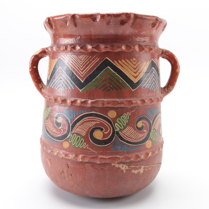 Hand-Painted Mexican-Style Double Handled Earthenware Vase