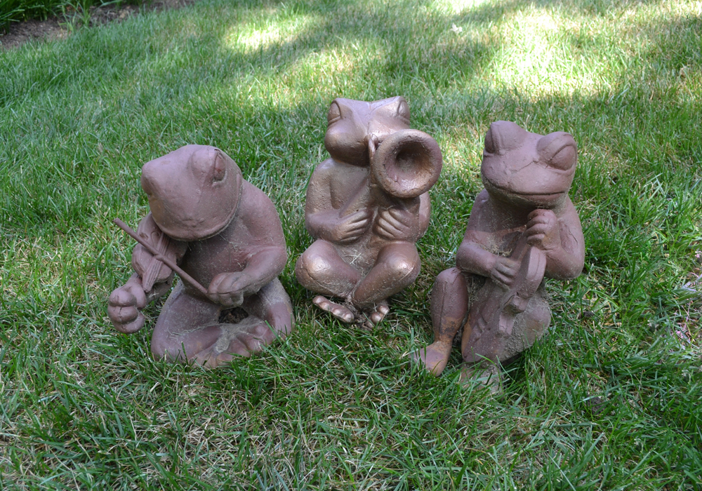 Cast Metal Garden Sculptures of Frogs Playing Instruments