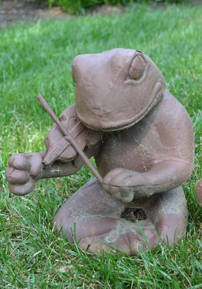 Cast Metal Garden Sculptures of Frogs Playing Instruments