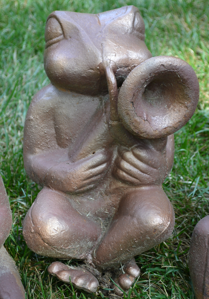 Cast Metal Garden Sculptures of Frogs Playing Instruments
