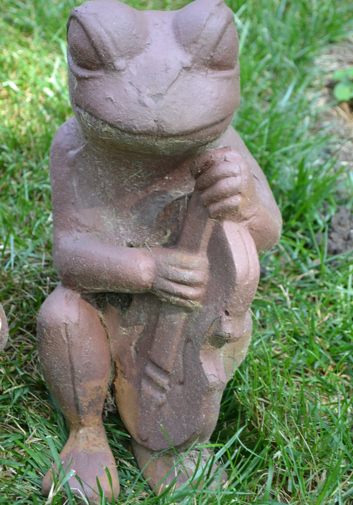 Cast Metal Garden Sculptures of Frogs Playing Instruments